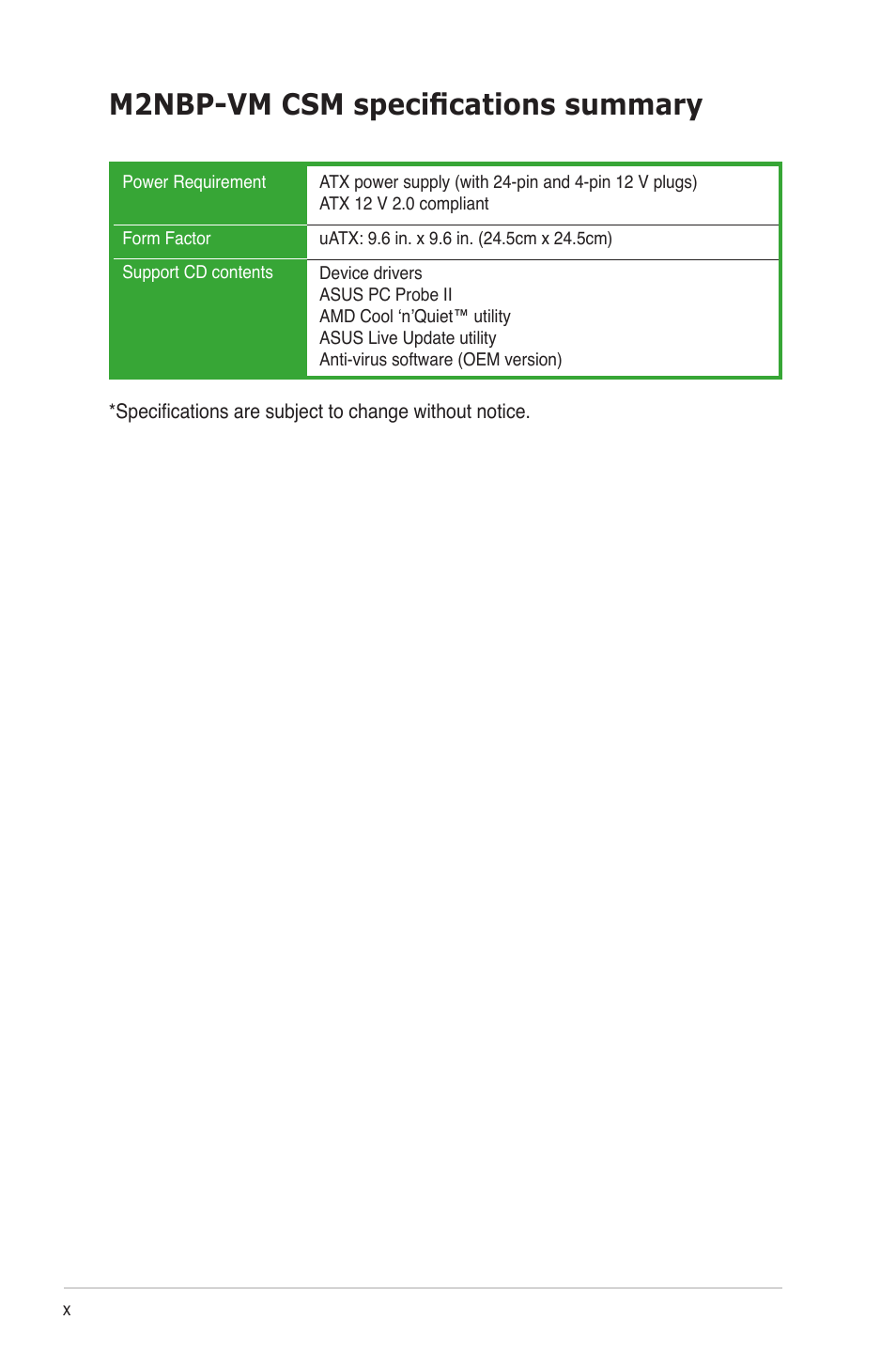 M2nbp-vm csm specifications summary | Asus M2NBP-VM CSM User Manual | Page 10 / 96