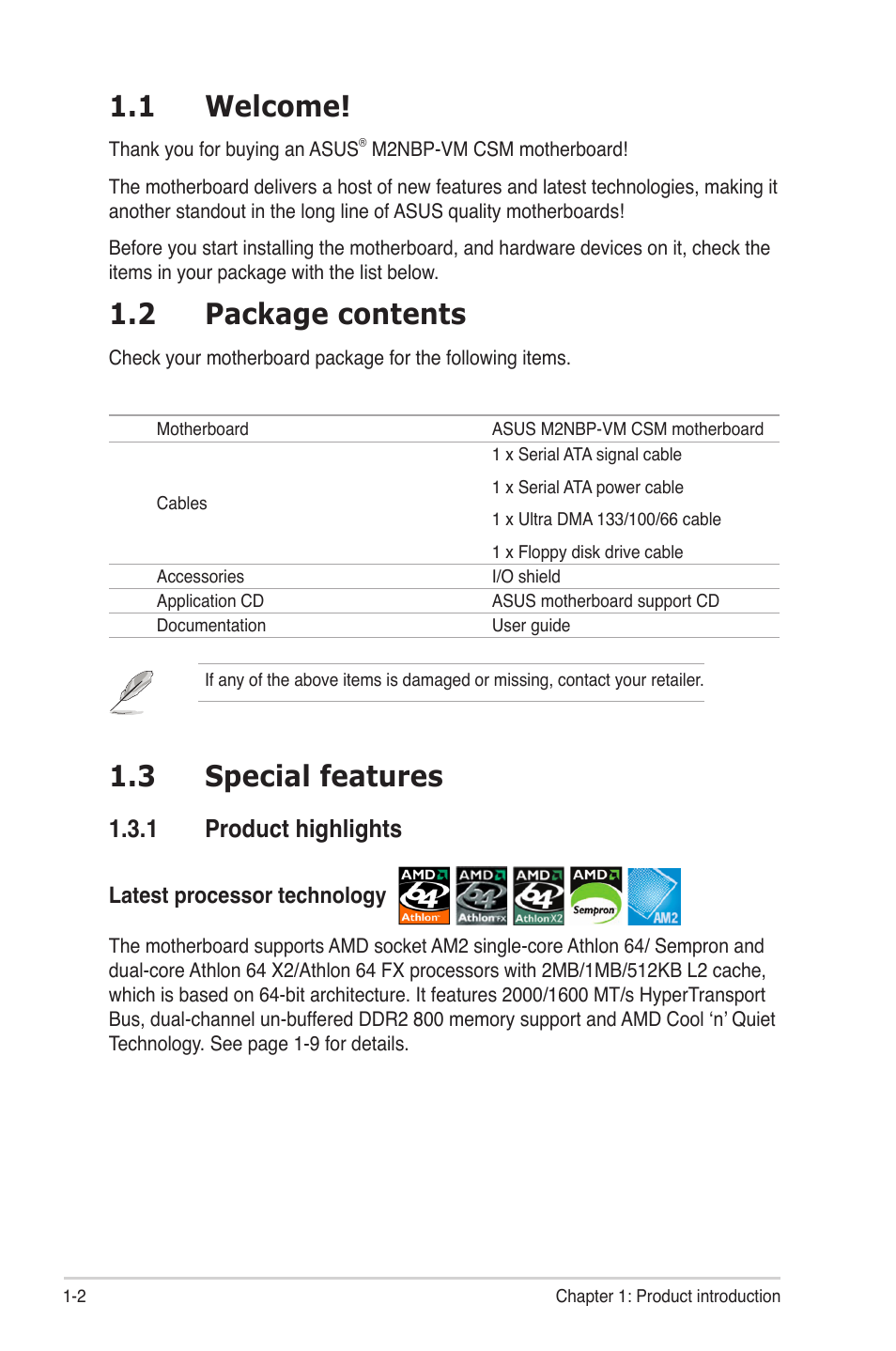 1 welcome, 2 package contents, 3 special features | 1 product highlights | Asus M2NBP-VM CSM User Manual | Page 12 / 96