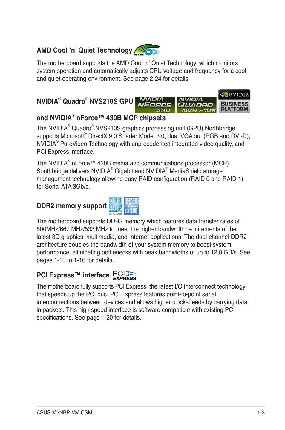 Nvidia, Quadro, Nvs210s gpu and nvidia | Nforce™ 430b mcp chipsets, Pci express™ interface, Amd cool ‘n’ quiet technology | Asus M2NBP-VM CSM User Manual | Page 13 / 96