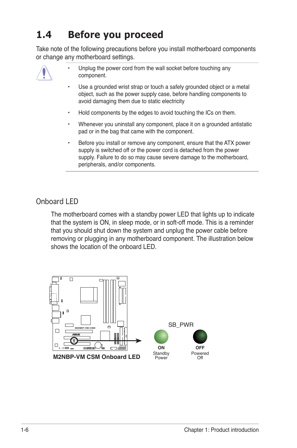 4 before you proceed, Onboard led | Asus M2NBP-VM CSM User Manual | Page 16 / 96