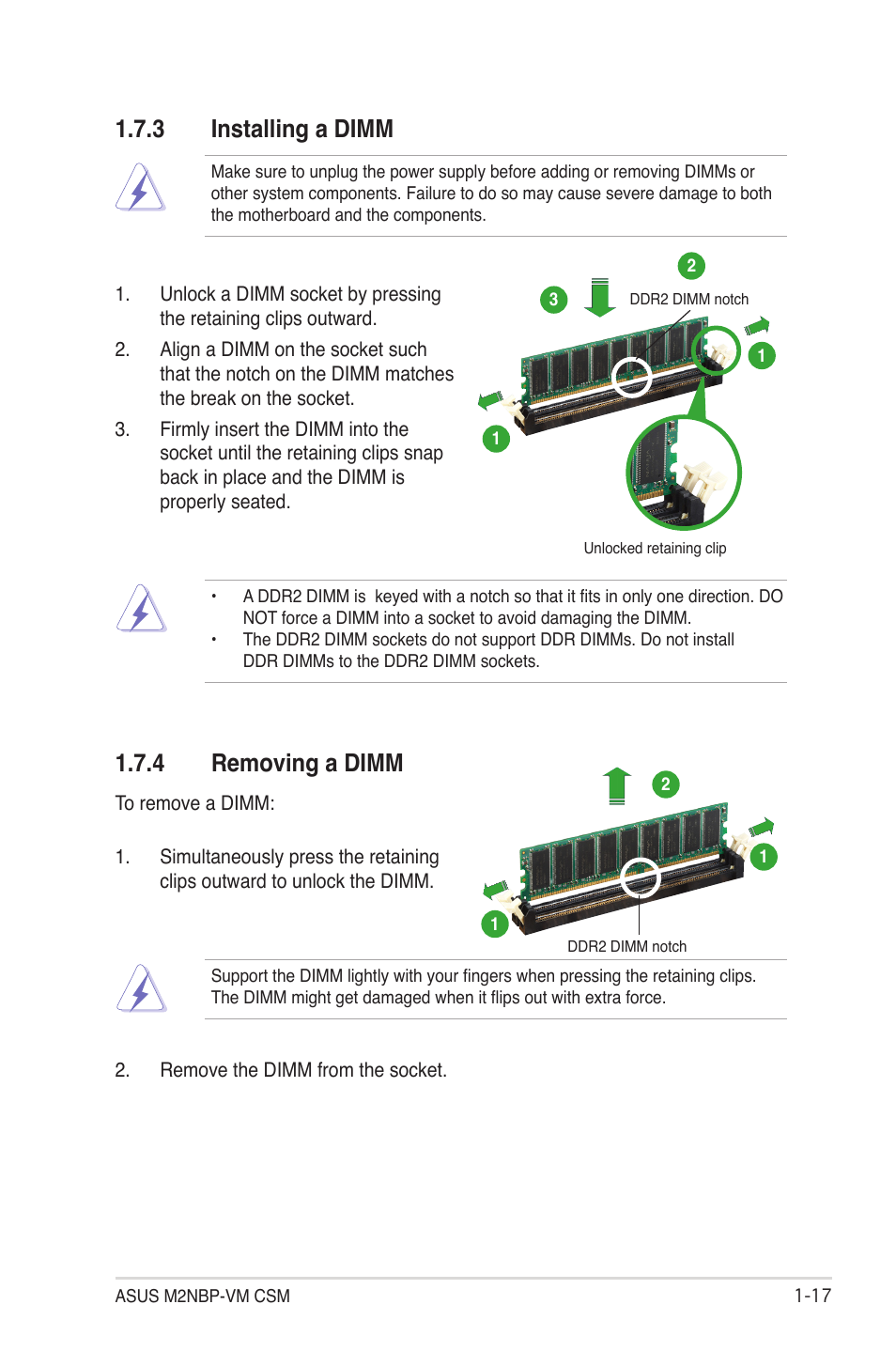 3 installing a dimm, 4 removing a dimm | Asus M2NBP-VM CSM User Manual | Page 27 / 96