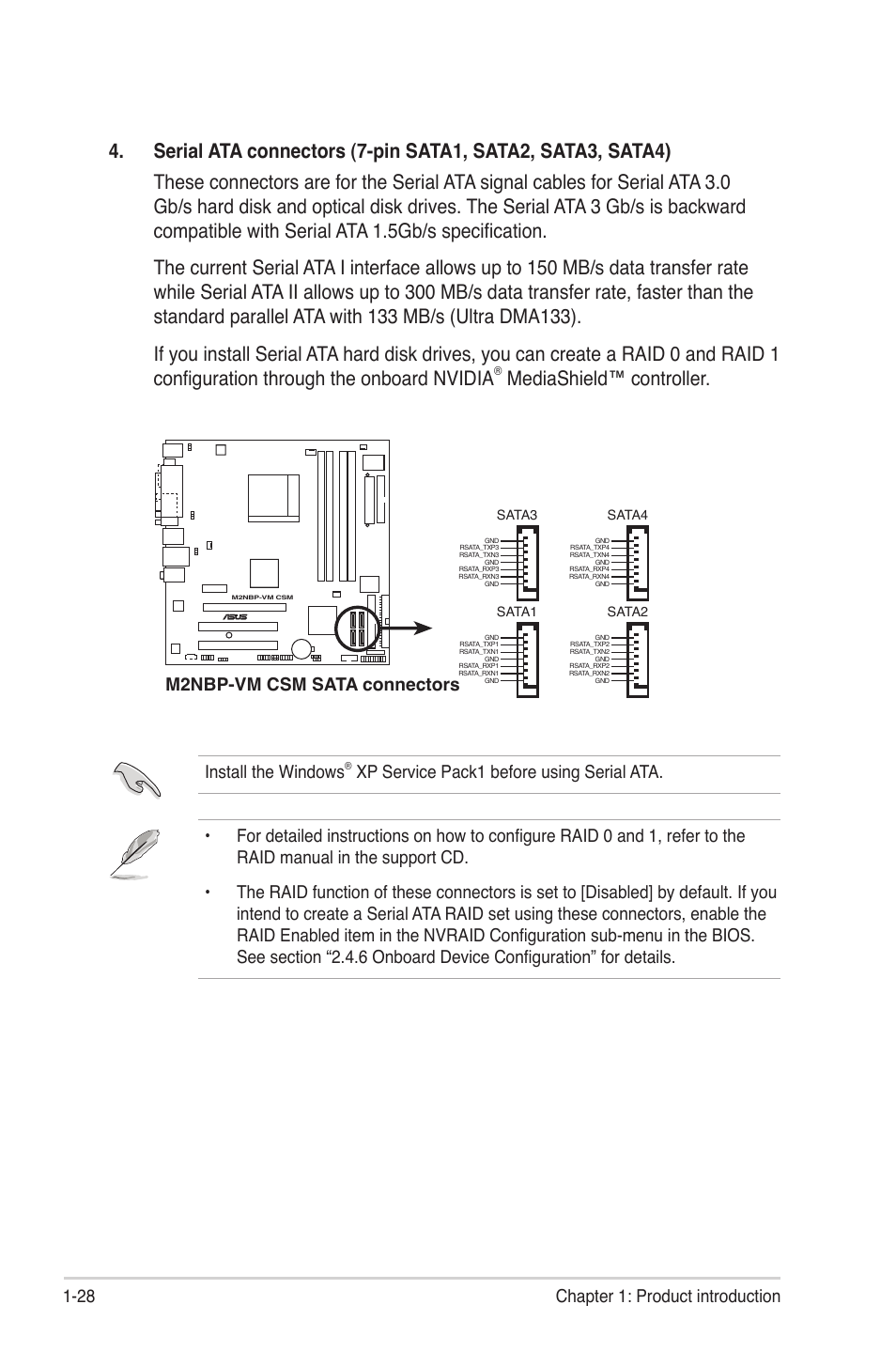 Mediashield™ controller, 28 chapter 1: product introduction, M2nbp-vm csm sata connectors | Install the windows | Asus M2NBP-VM CSM User Manual | Page 38 / 96