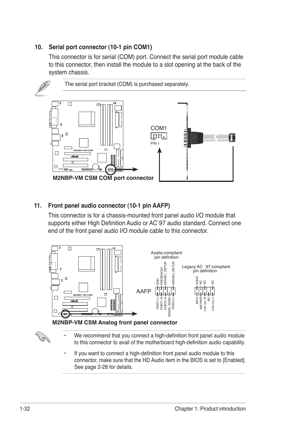 32 chapter 1: product introduction, M2nbp-vm csm com port connector, Com1 | M2nbp-vm csm analog front panel connector aafp | Asus M2NBP-VM CSM User Manual | Page 42 / 96