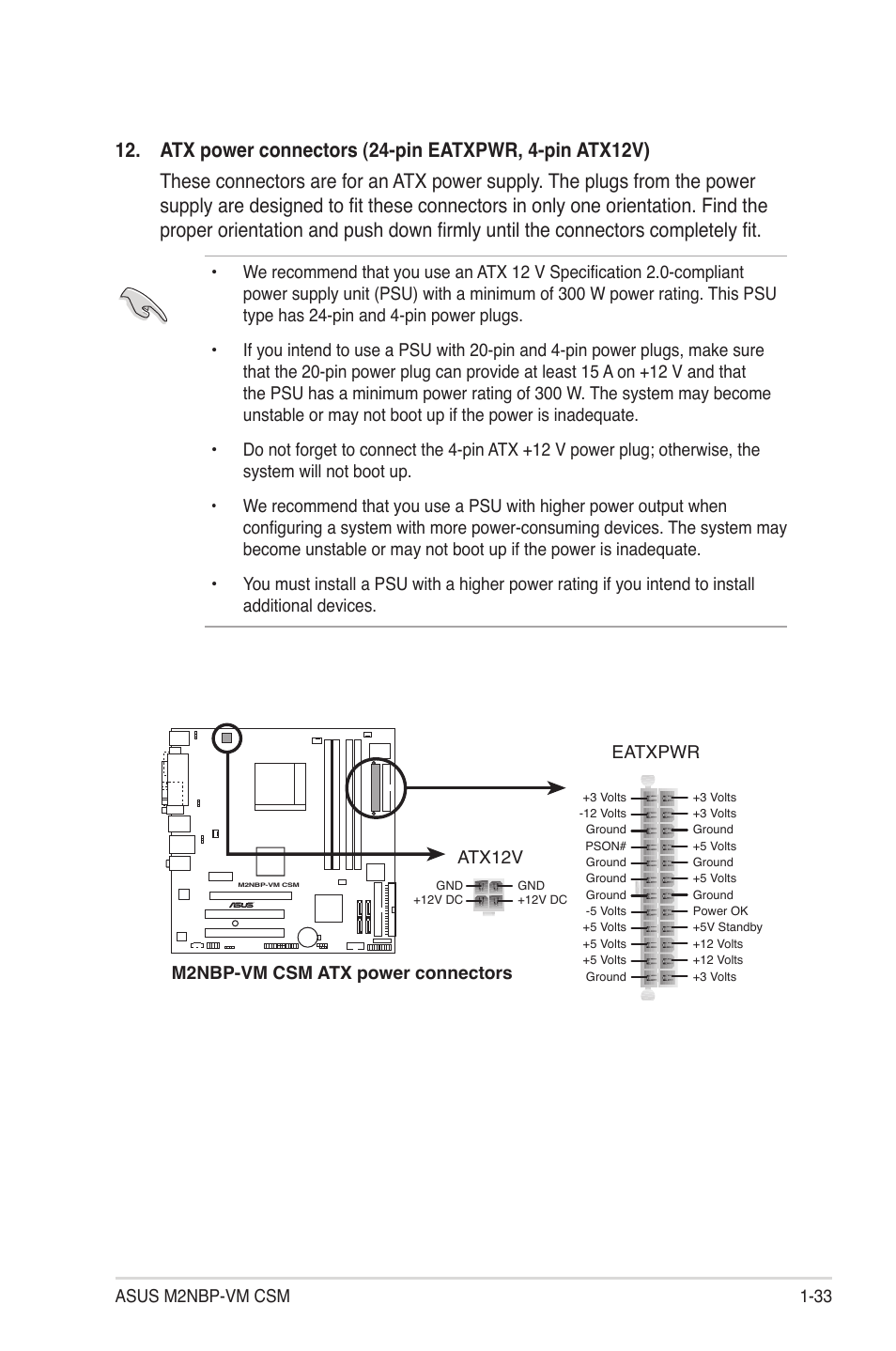 Asus m2nbp-vm csm 1-33, M2nbp-vm csm atx power connectors eatxpwr atx12v | Asus M2NBP-VM CSM User Manual | Page 43 / 96