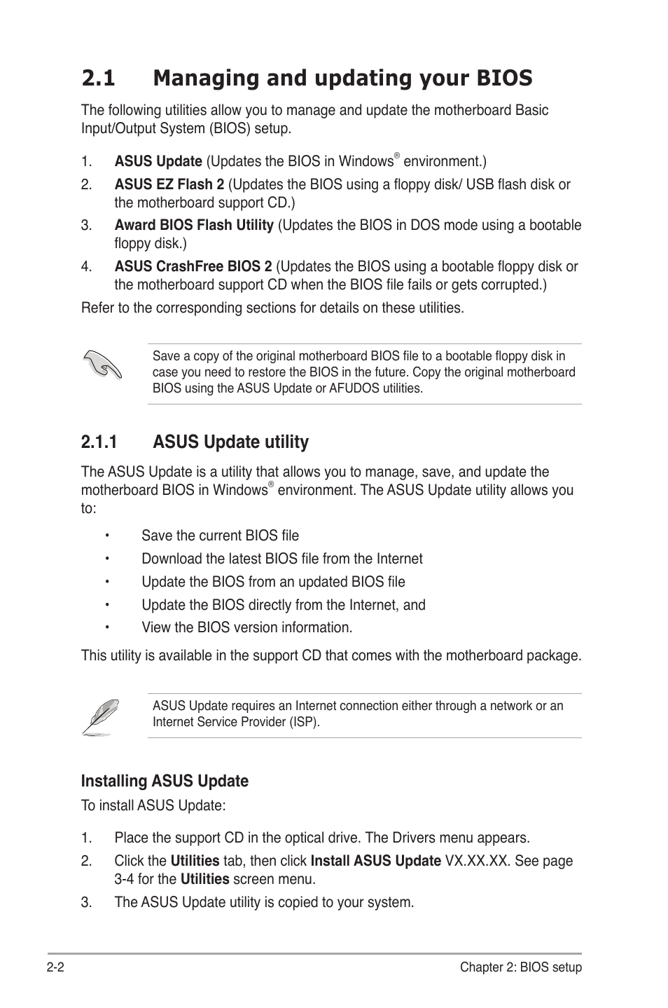 1 managing and updating your bios, 1 asus update utility | Asus M2NBP-VM CSM User Manual | Page 46 / 96