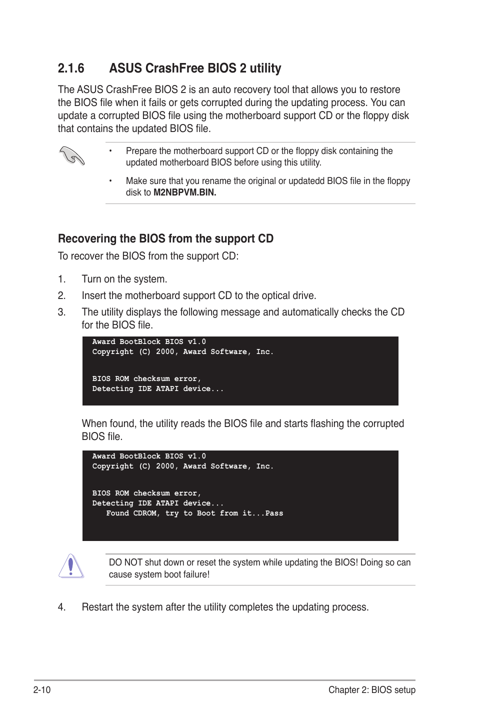 6 asus crashfree bios 2 utility, Recovering the bios from the support cd | Asus M2NBP-VM CSM User Manual | Page 54 / 96