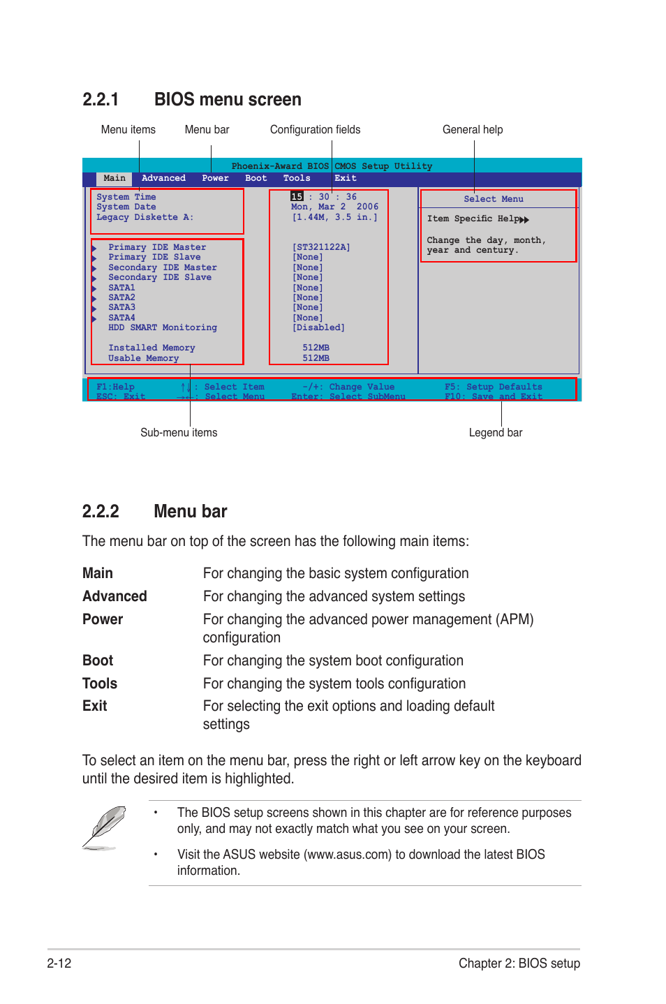 1 bios menu screen, 2 menu bar | Asus M2NBP-VM CSM User Manual | Page 56 / 96