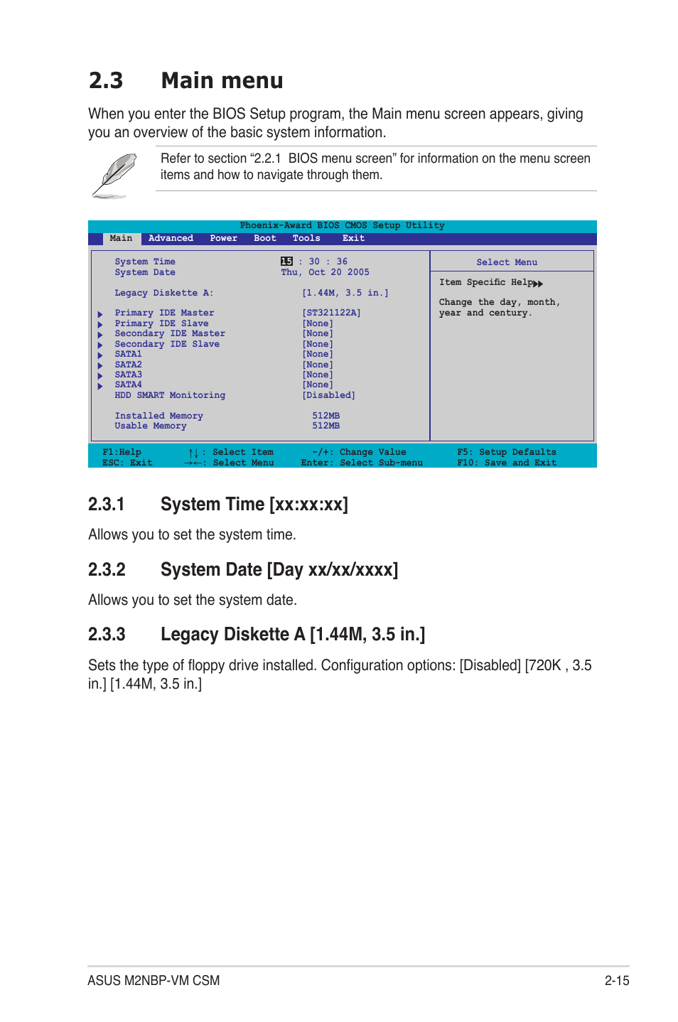 3 main menu, 1 system time [xx:xx:xx, Allows you to set the system time | Allows you to set the system date | Asus M2NBP-VM CSM User Manual | Page 59 / 96