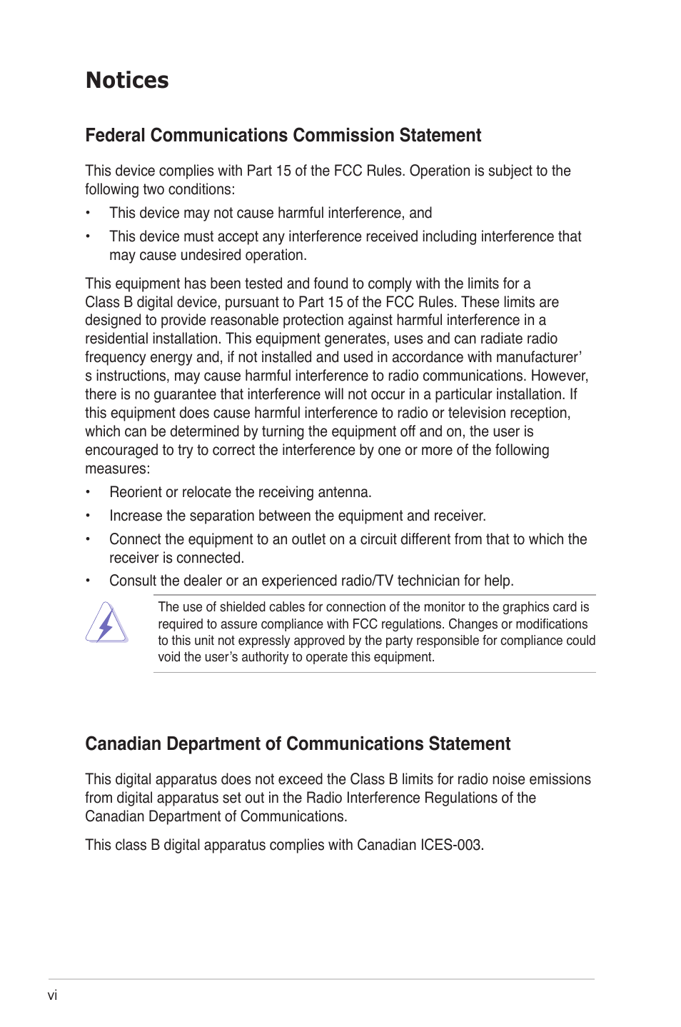 Notices, Federal communications commission statement, Canadian department of communications statement | Asus M2NBP-VM CSM User Manual | Page 6 / 96