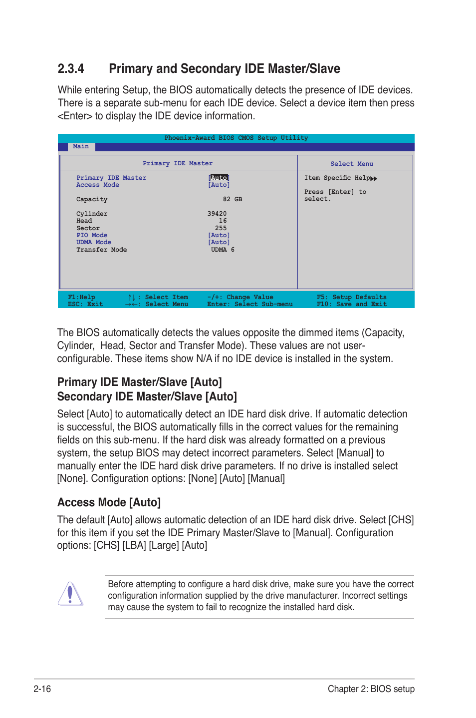 4 primary and secondary ide master/slave, Access mode [auto | Asus M2NBP-VM CSM User Manual | Page 60 / 96