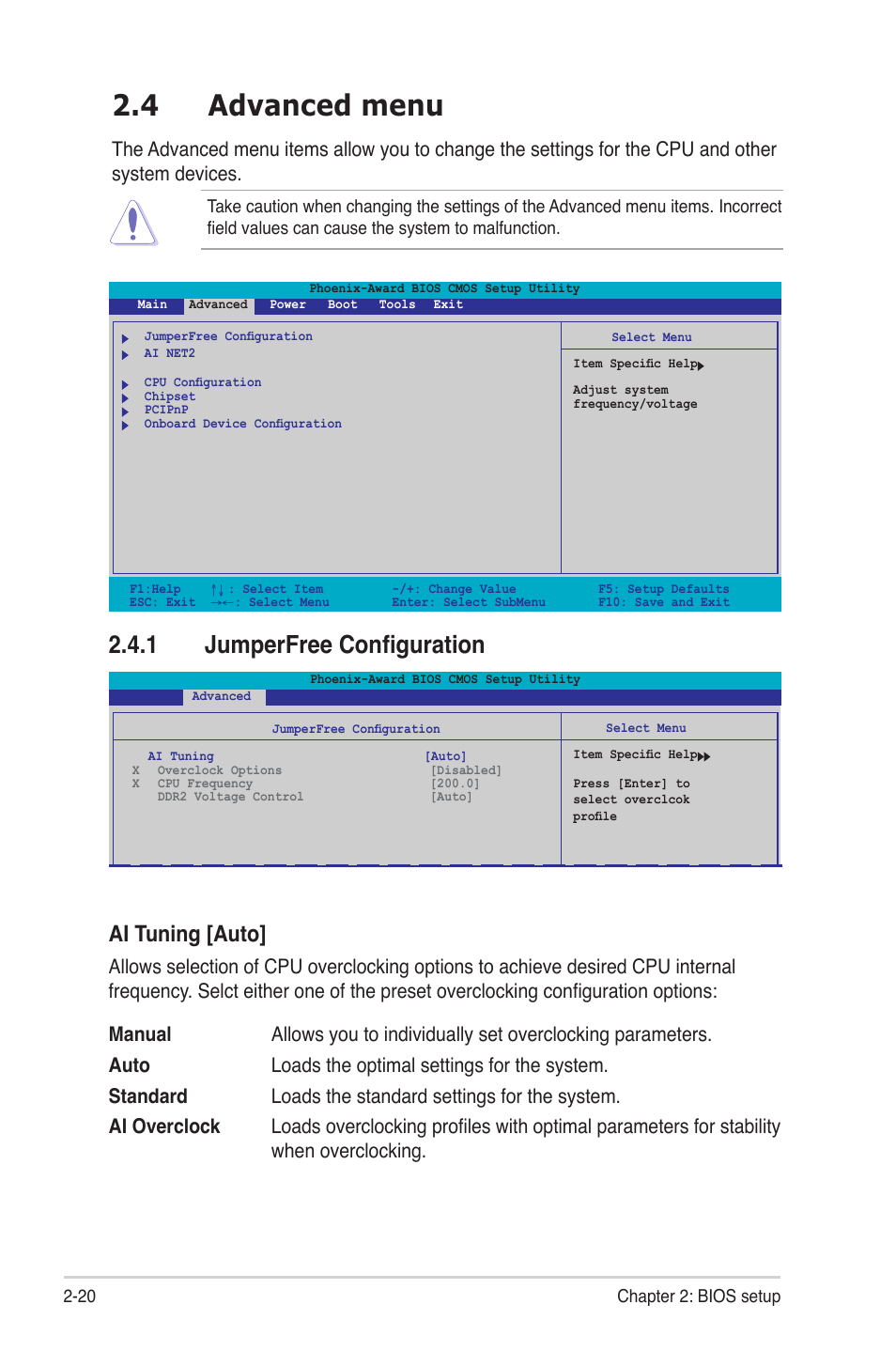 4 advanced menu, 1 jumperfree configuration, Ai tuning [auto | Asus M2NBP-VM CSM User Manual | Page 64 / 96