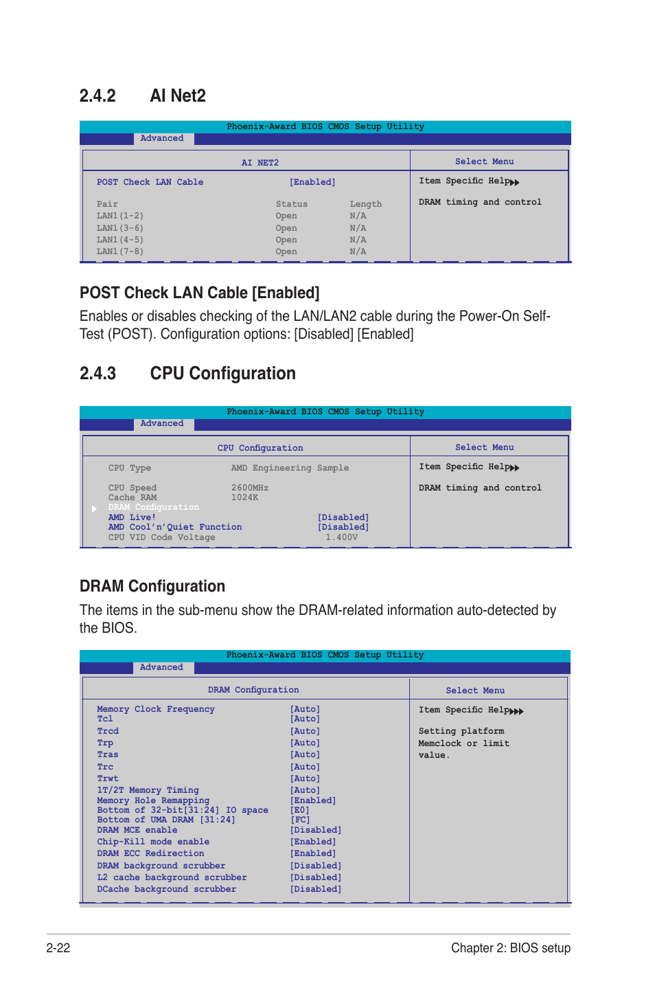 2 ai net2, 3 cpu configuration, Post check lan cable [enabled | Dram configuration, 22 chapter 2: bios setup | Asus M2NBP-VM CSM User Manual | Page 66 / 96