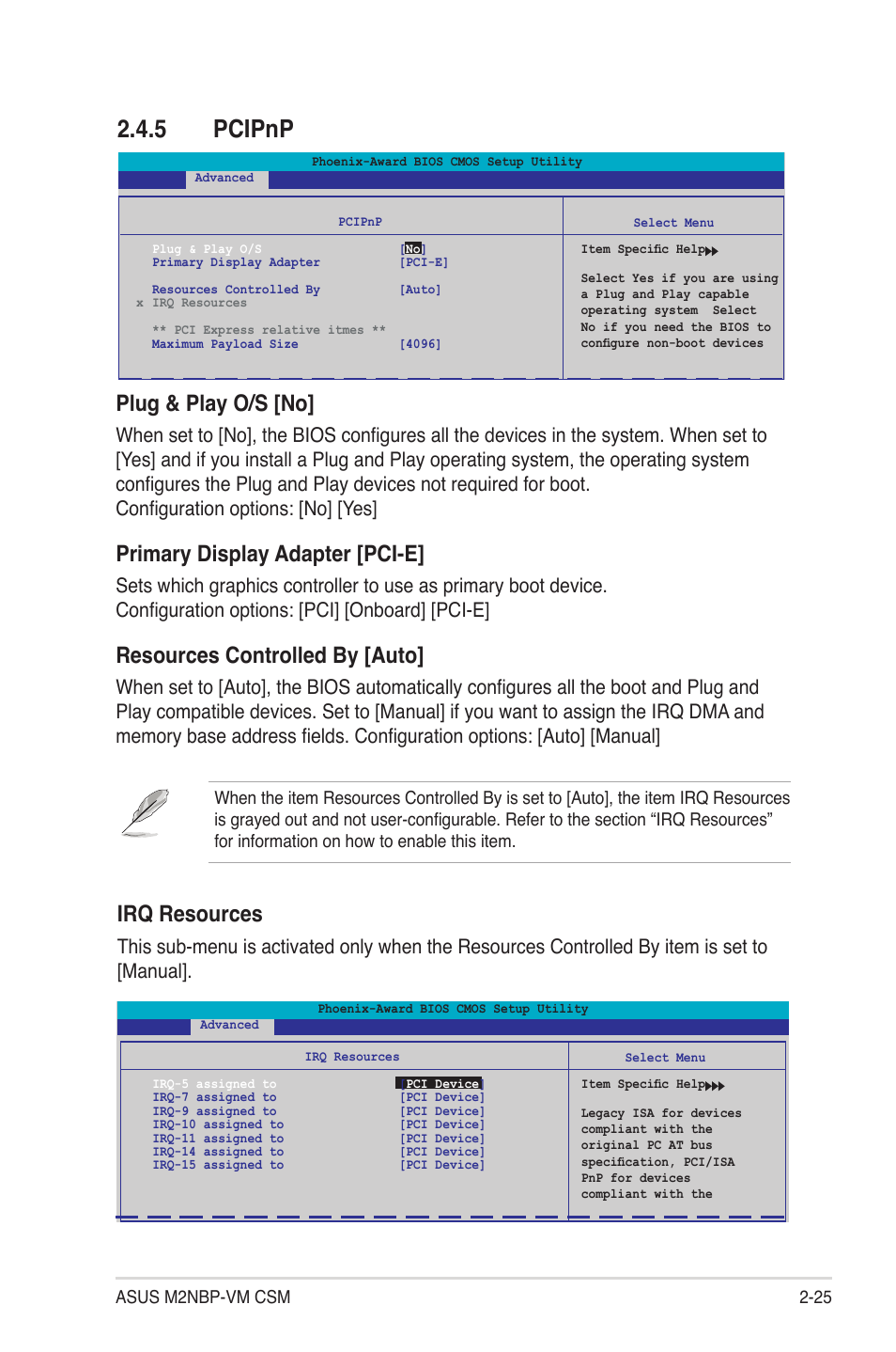 5 pcipnp, Plug & play o/s [no, Primary display adapter [pci-e | Resources controlled by [auto, Irq resources | Asus M2NBP-VM CSM User Manual | Page 69 / 96