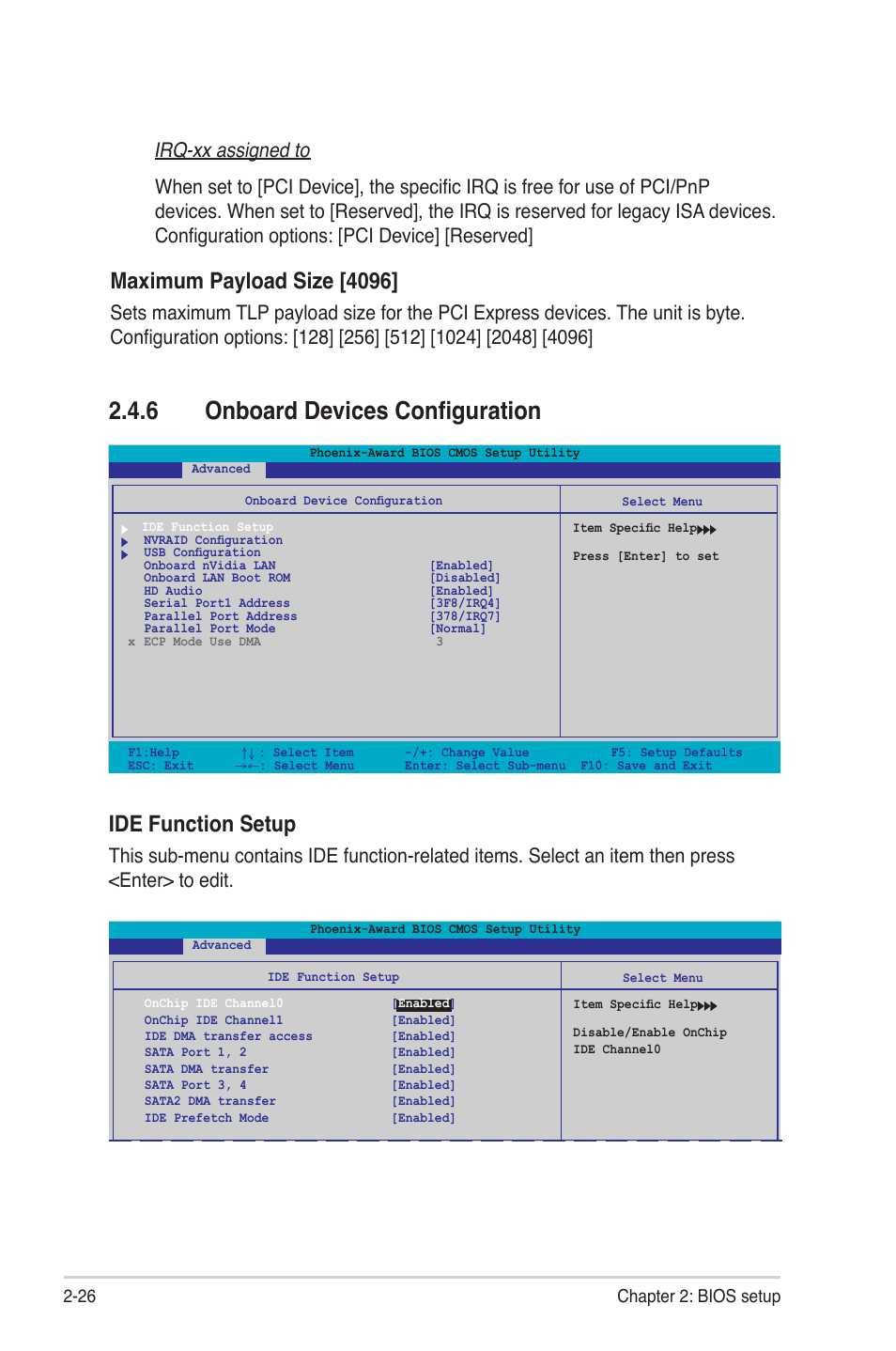 6 onboard devices configuration, Maximum payload size [4096, Ide function setup | 26 chapter 2: bios setup | Asus M2NBP-VM CSM User Manual | Page 70 / 96