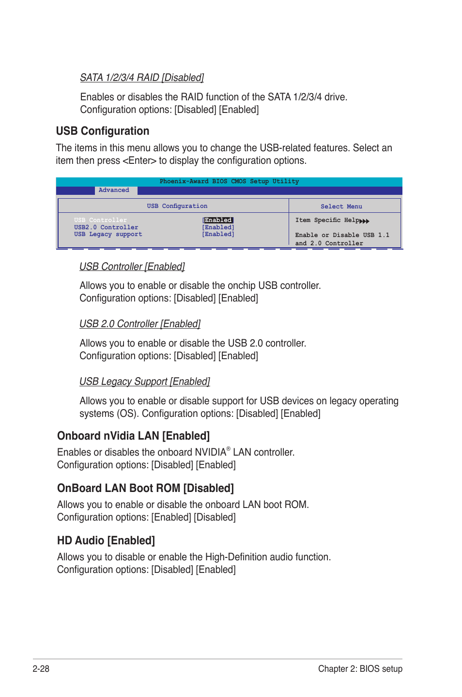Onboard nvidia lan [enabled, Onboard lan boot rom [disabled, Hd audio [enabled | Usb configuration | Asus M2NBP-VM CSM User Manual | Page 72 / 96