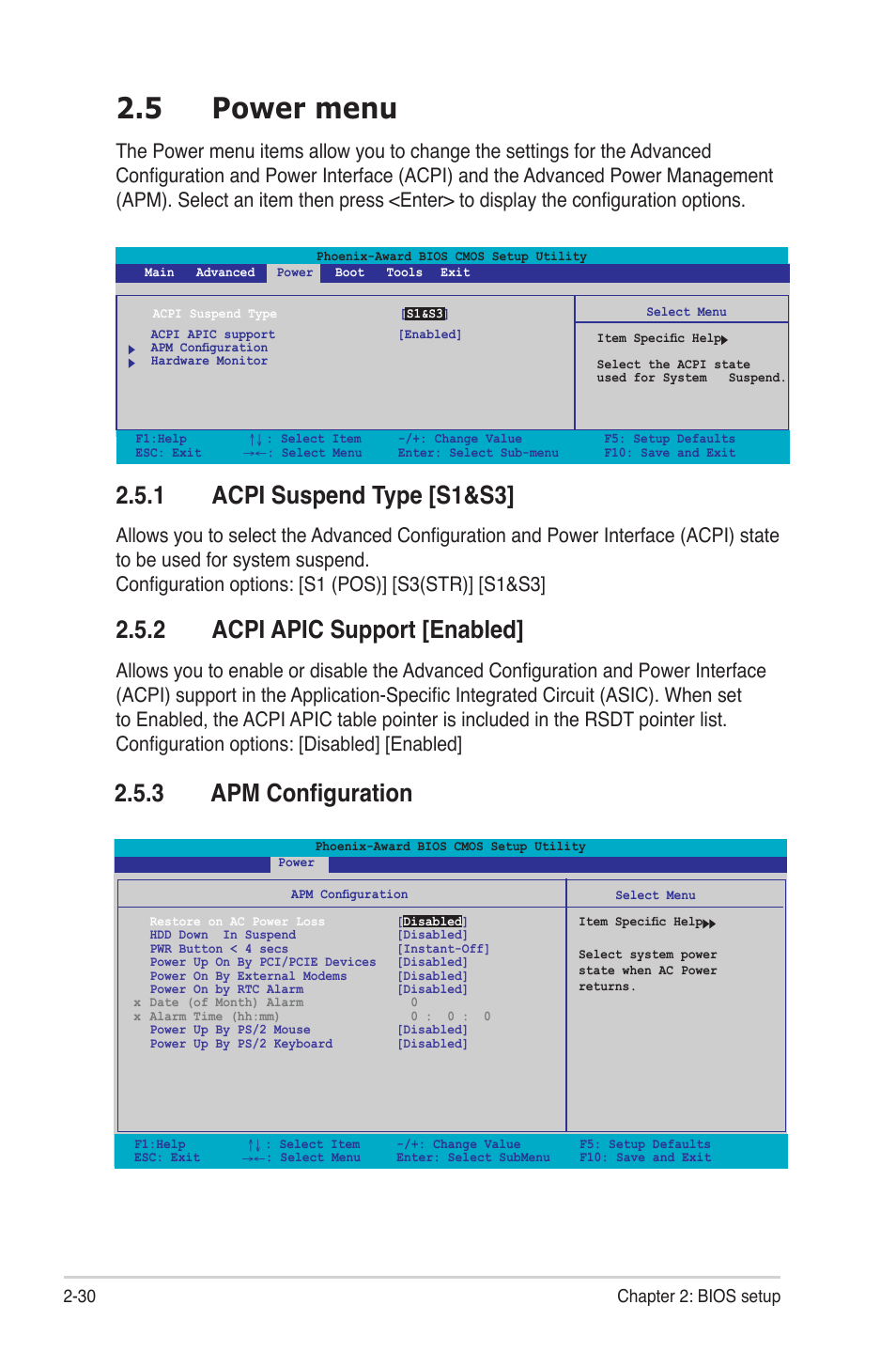 5 power menu, 1 acpi suspend type [s1&s3, 2 acpi apic support [enabled | 3 apm configuration | Asus M2NBP-VM CSM User Manual | Page 74 / 96