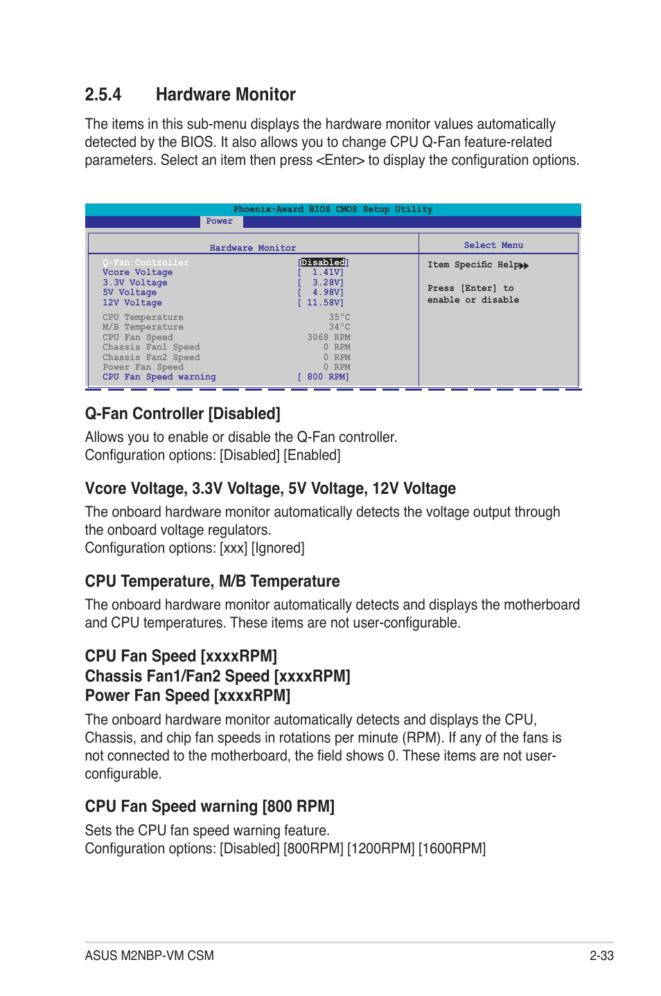 4 hardware monitor, Q-fan controller [disabled, Cpu temperature, m/b temperature | Cpu fan speed warning [800 rpm | Asus M2NBP-VM CSM User Manual | Page 77 / 96