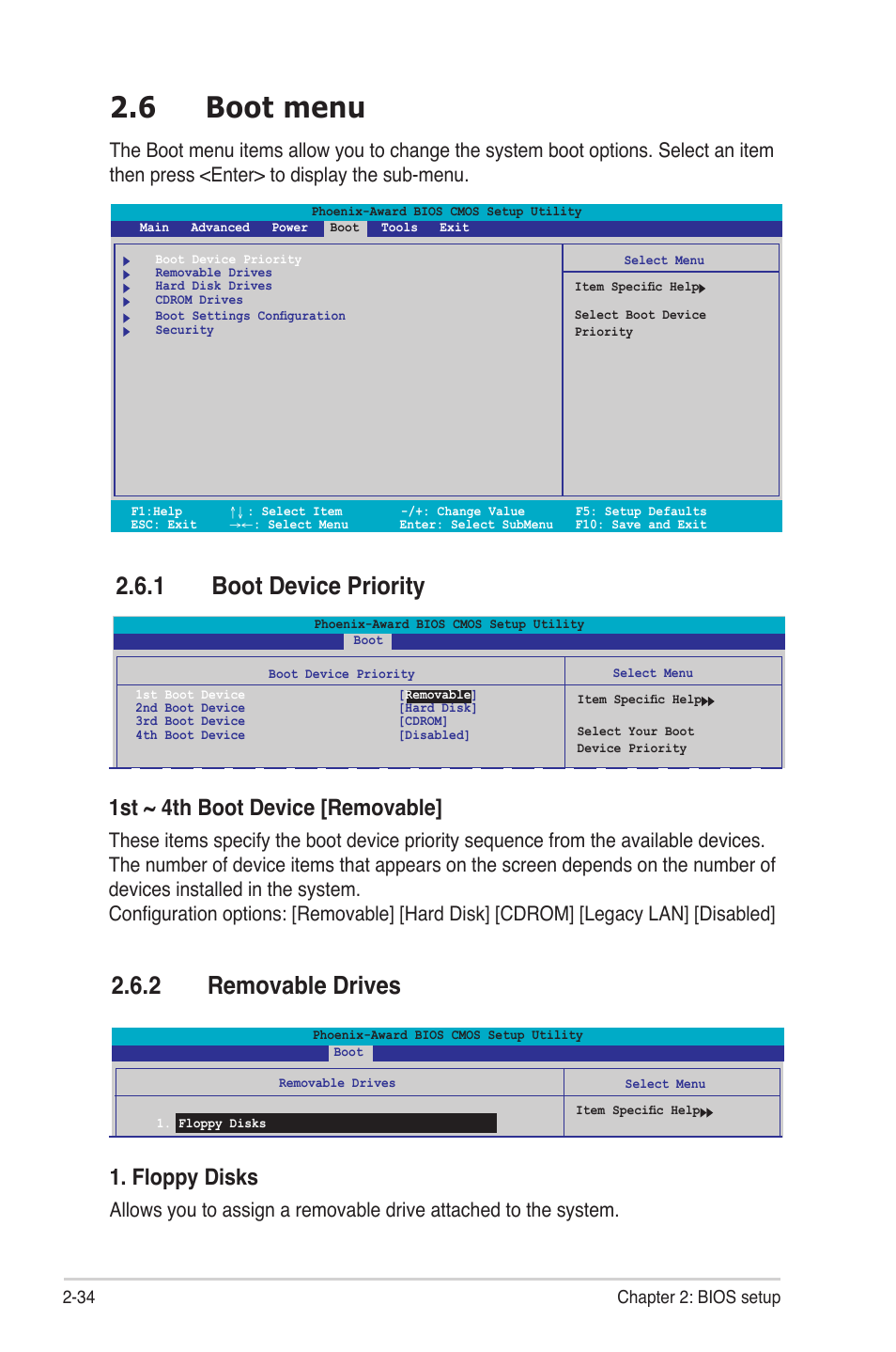 6 boot menu, 1 boot device priority, 2 removable drives | 1st ~ 4th boot device [removable, Floppy disks | Asus M2NBP-VM CSM User Manual | Page 78 / 96