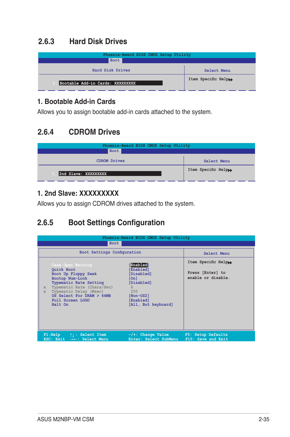 3 hard disk drives, 5 boot settings configuration, 4 cdrom drives | Bootable add-in cards | Asus M2NBP-VM CSM User Manual | Page 79 / 96