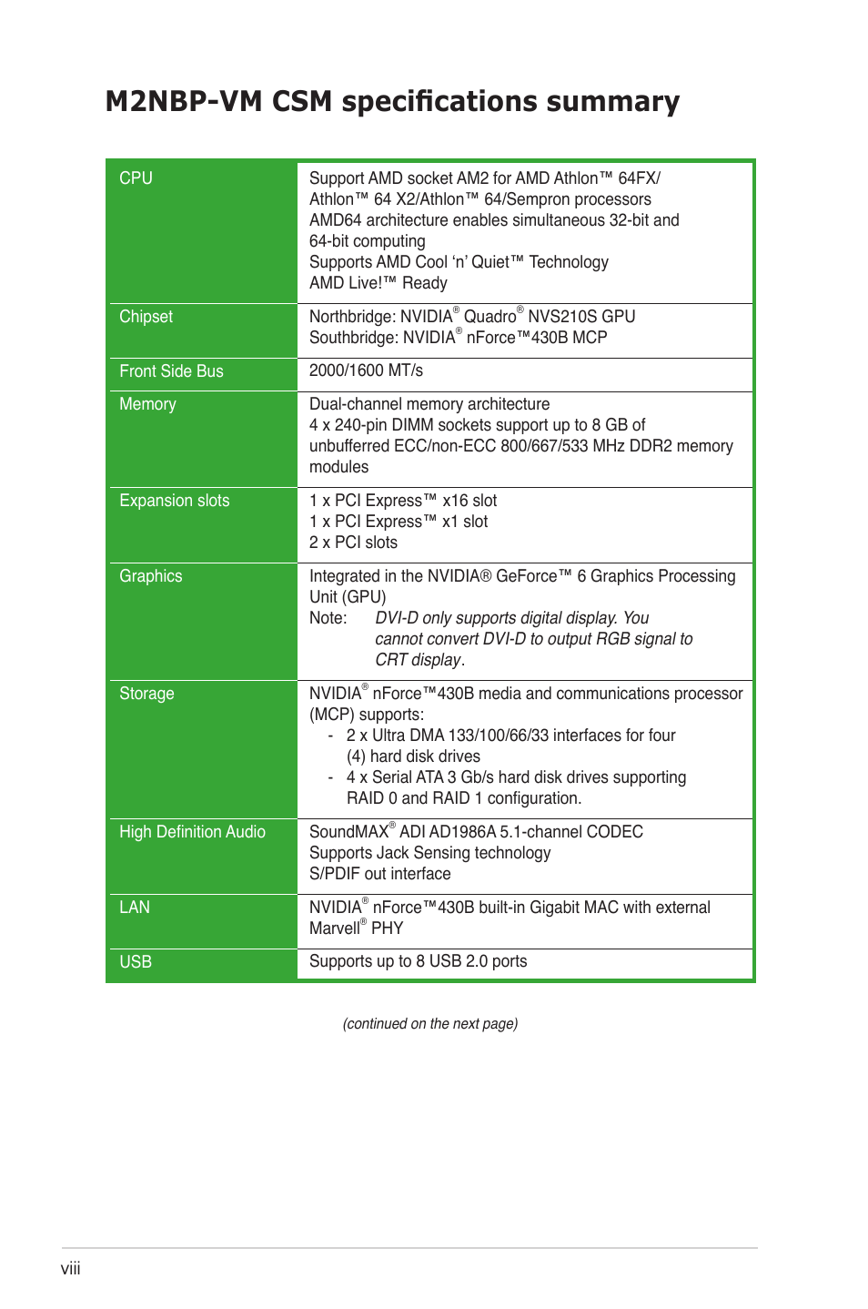 M2nbp-vm csm specifications summary | Asus M2NBP-VM CSM User Manual | Page 8 / 96