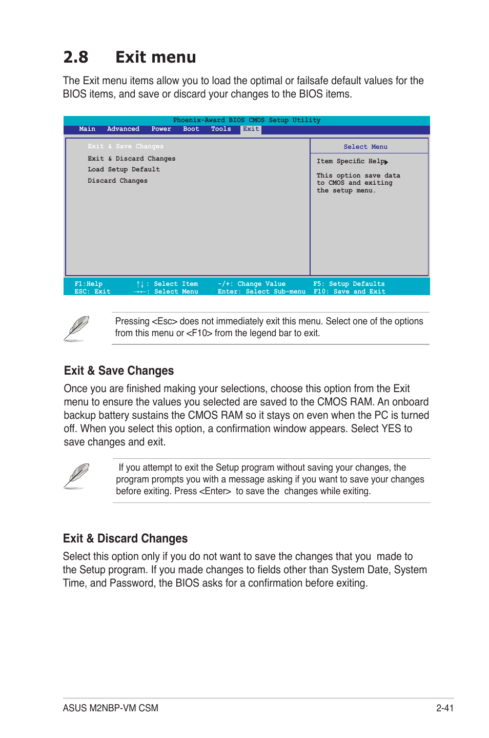 8 exit menu, Exit & save changes, Exit & discard changes | Asus M2NBP-VM CSM User Manual | Page 85 / 96