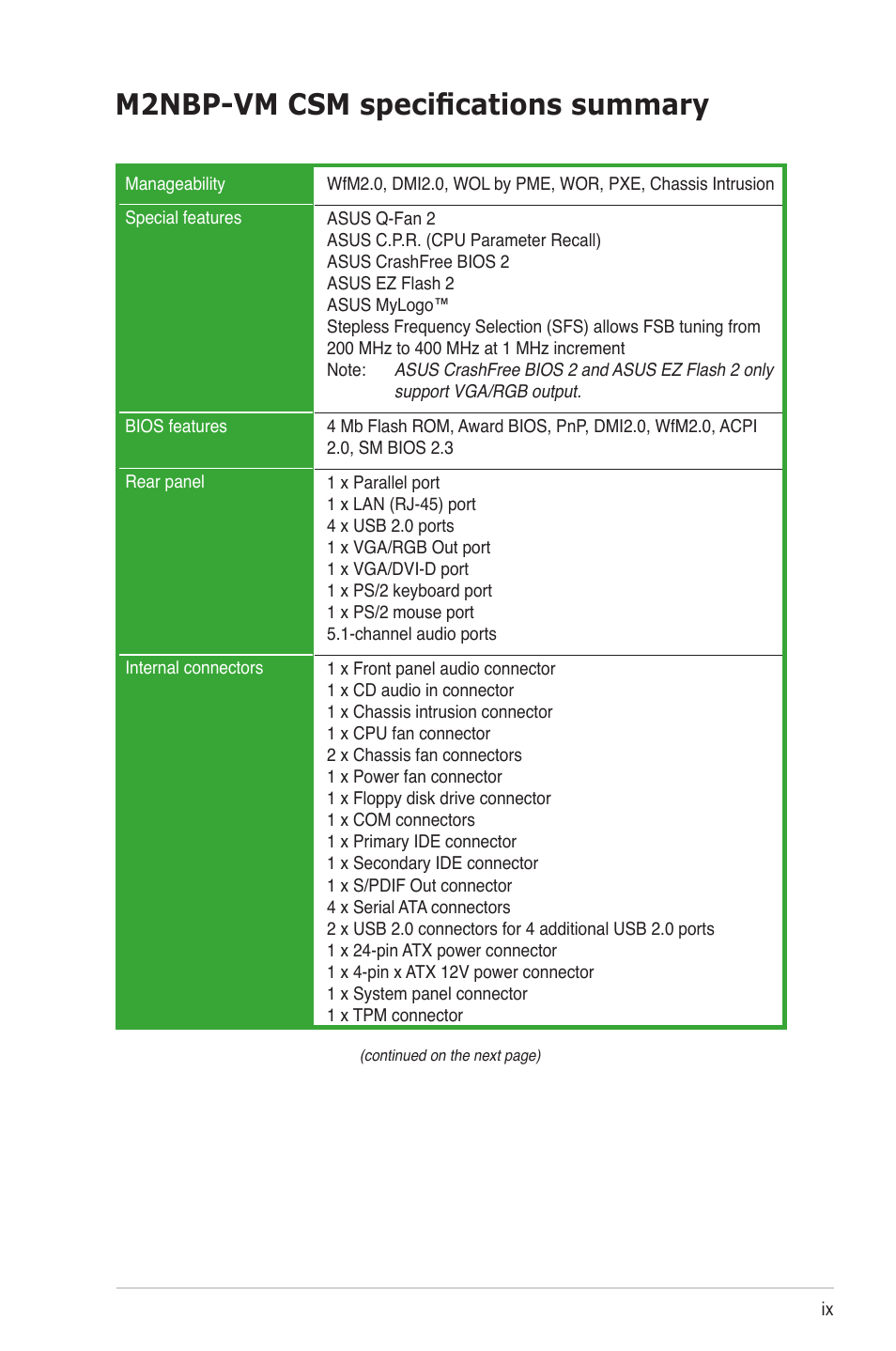 M2nbp-vm csm specifications summary | Asus M2NBP-VM CSM User Manual | Page 9 / 96