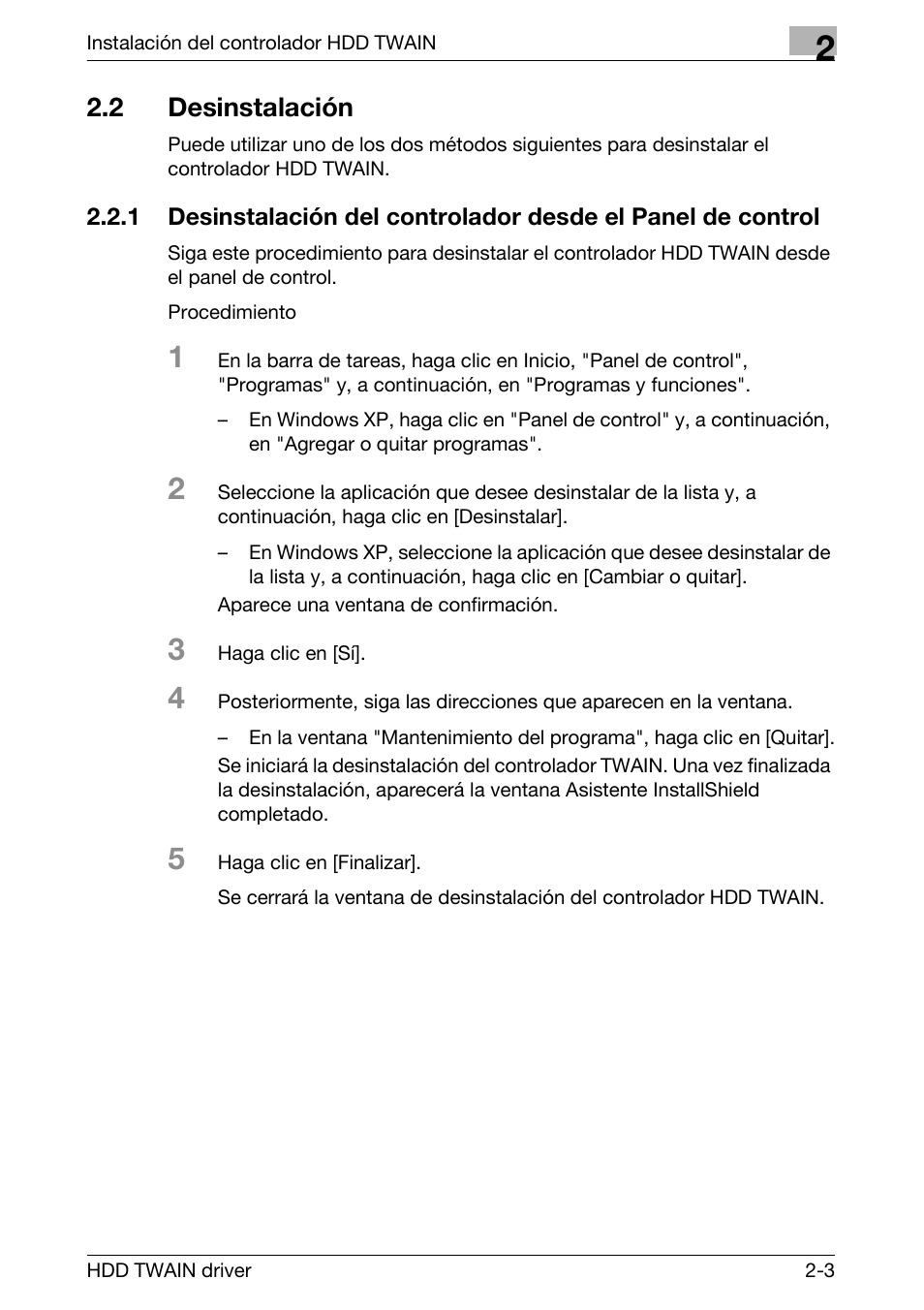 2 desinstalación, Desinstalación -3 | Konica Minolta bizhub PRO 1200 User Manual | Page 13 / 43