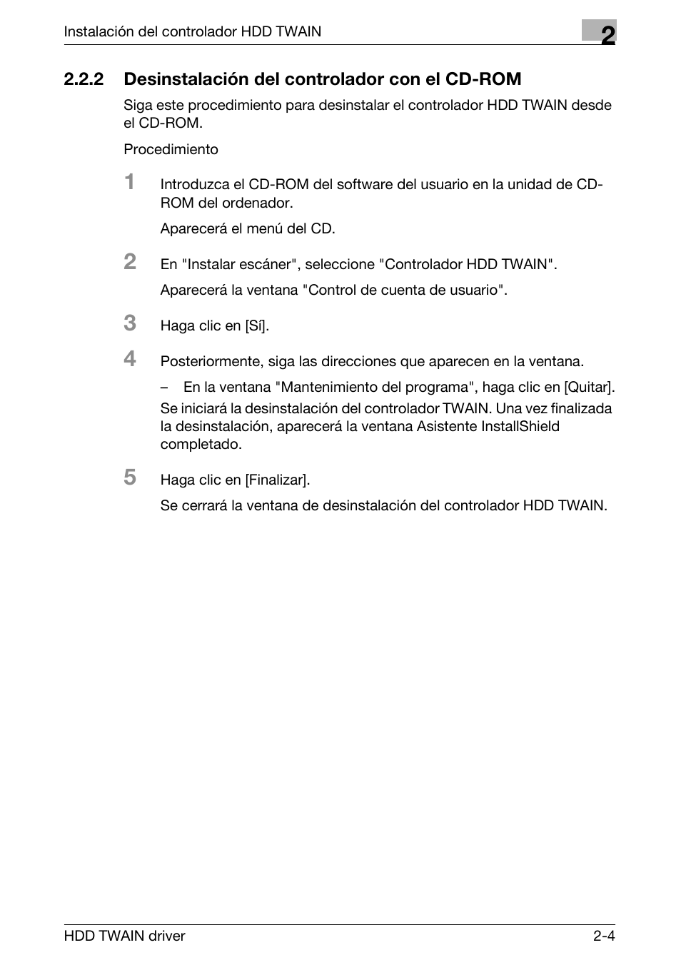 2 desinstalación del controlador con el cd-rom, Desinstalación del controlador con el cd-rom -4 | Konica Minolta bizhub PRO 1200 User Manual | Page 14 / 43