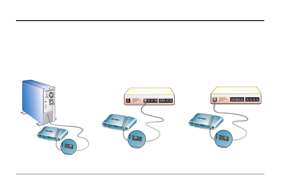 Installing the adsl modem, 2 rear panel (cont’), Hub-pc switch | Example 3. modem to hub (uplink), Example 2. modem to hub (downlink), Example 1. modem to pc | Asus AAM6000EV User Manual | Page 9 / 32