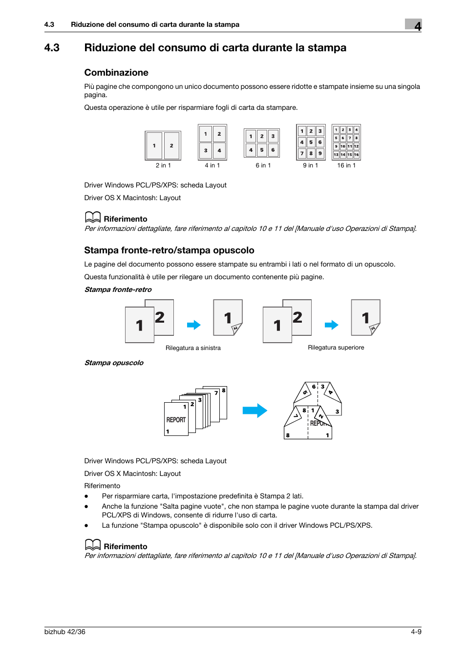 3 riduzione del consumo di carta durante la stampa, Combinazione, Stampa fronte-retro/stampa opuscolo | Konica Minolta bizhub 36 User Manual | Page 111 / 186