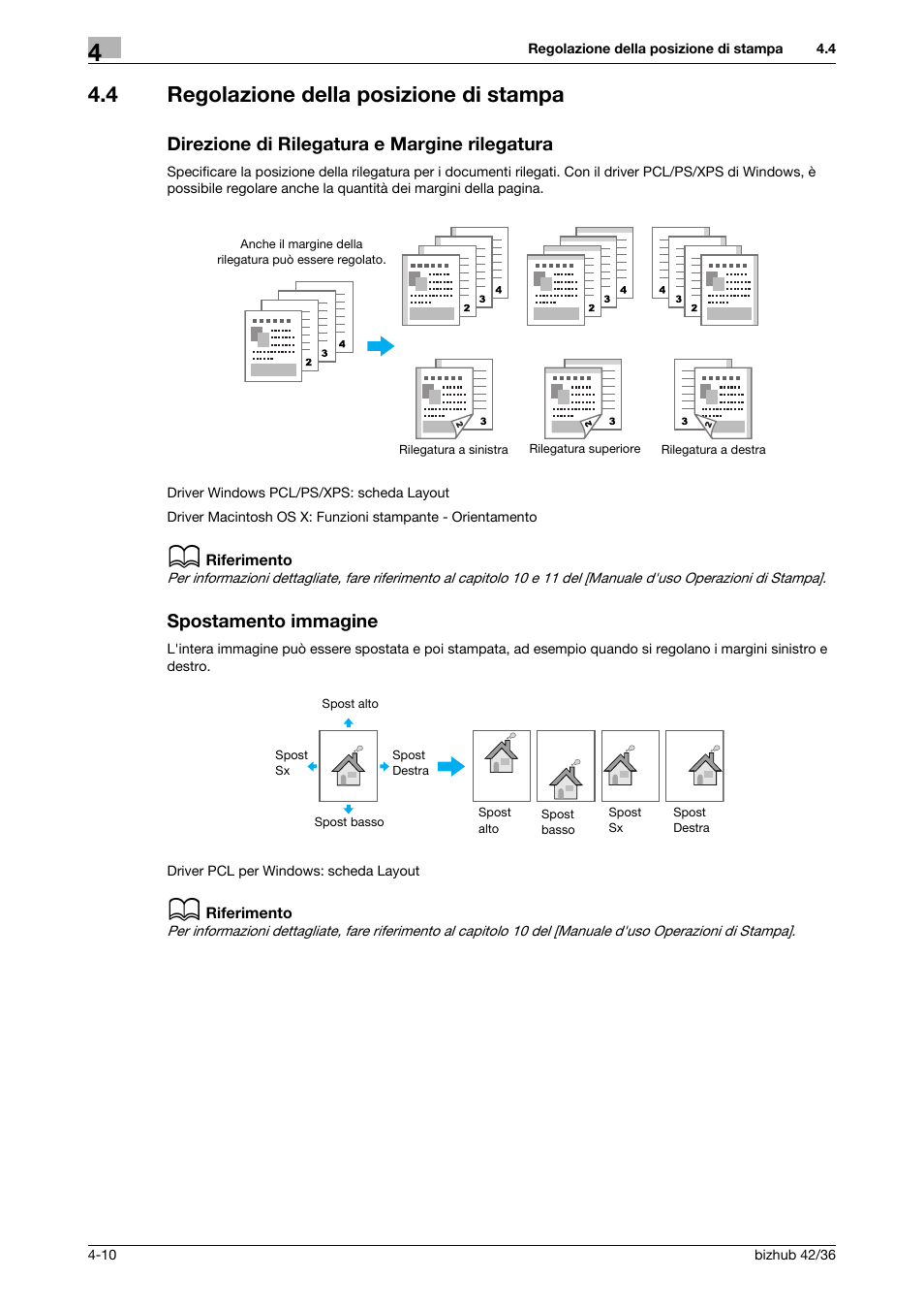 4 regolazione della posizione di stampa, Direzione di rilegatura e margine rilegatura, Spostamento immagine | Konica Minolta bizhub 36 User Manual | Page 112 / 186