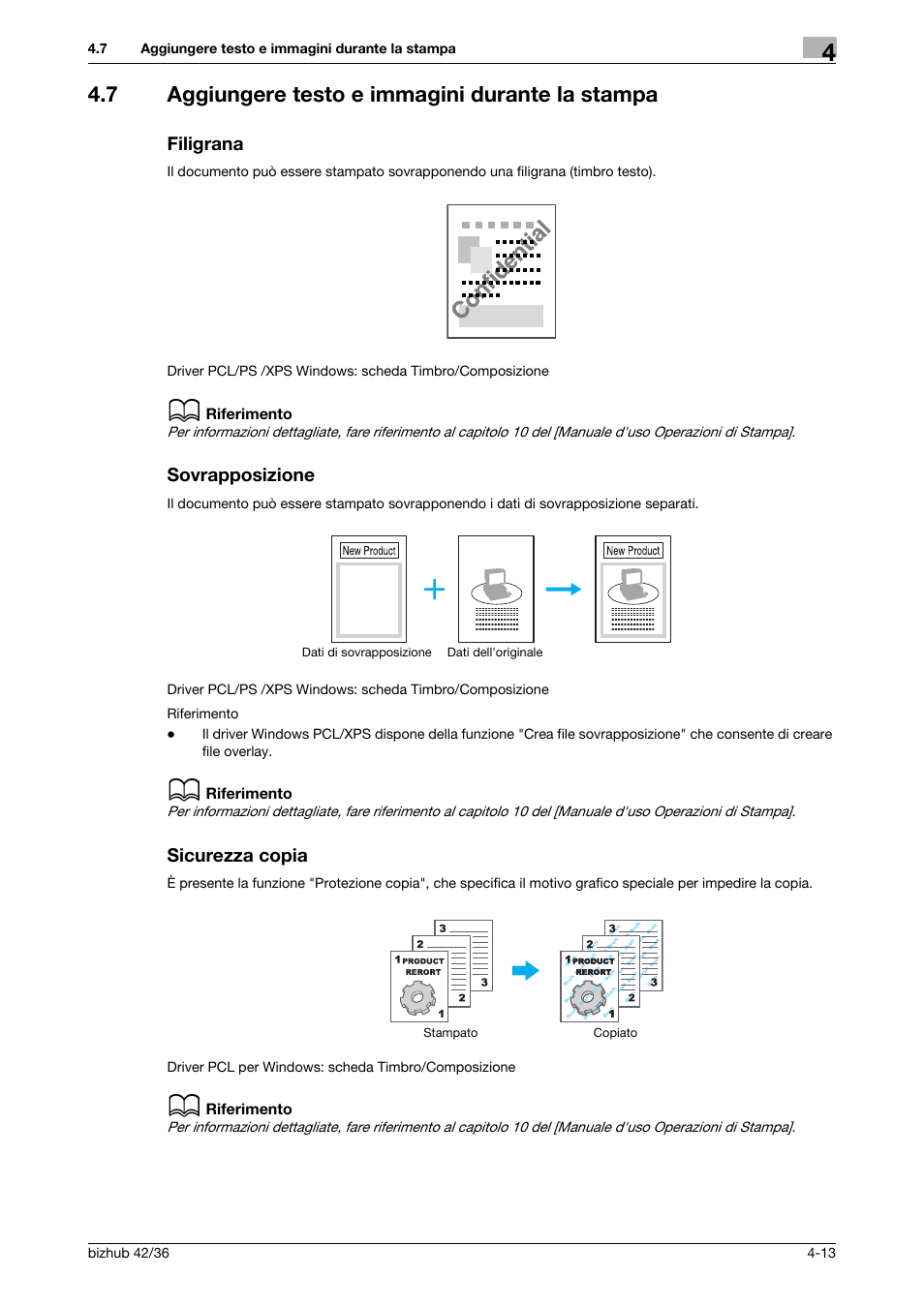 7 aggiungere testo e immagini durante la stampa, Filigrana, Sovrapposizione | Sicurezza copia | Konica Minolta bizhub 36 User Manual | Page 115 / 186