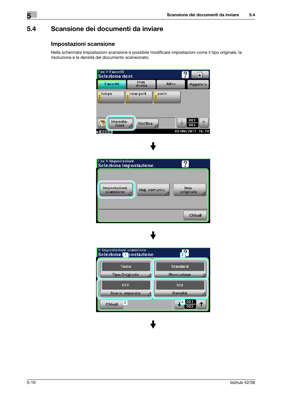 4 scansione dei documenti da inviare, Impostazioni scansione | Konica Minolta bizhub 36 User Manual | Page 128 / 186