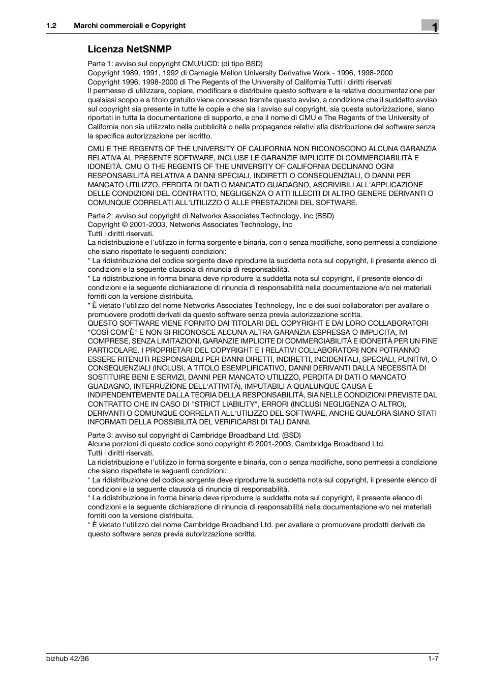 Licenza netsnmp, Licenza netsnmp -7 | Konica Minolta bizhub 36 User Manual | Page 13 / 186