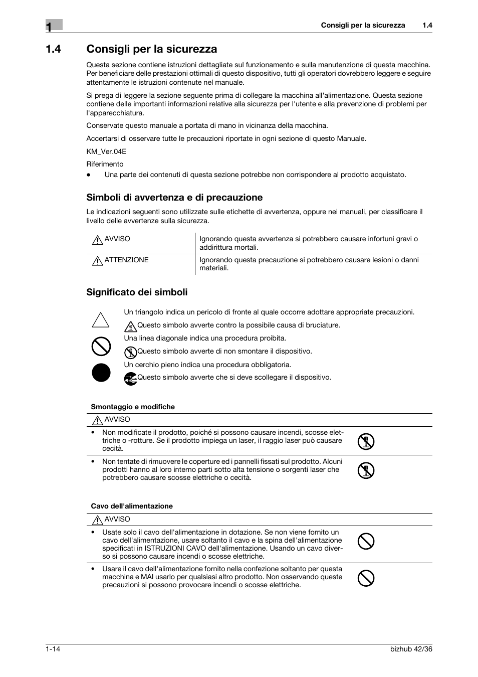 4 consigli per la sicurezza, Simboli di avvertenza e di precauzione, Significato dei simboli | Konica Minolta bizhub 36 User Manual | Page 20 / 186