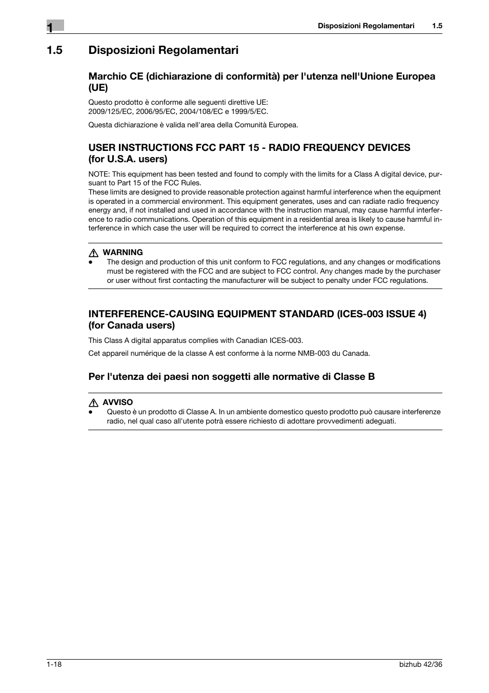 5 disposizioni regolamentari | Konica Minolta bizhub 36 User Manual | Page 24 / 186