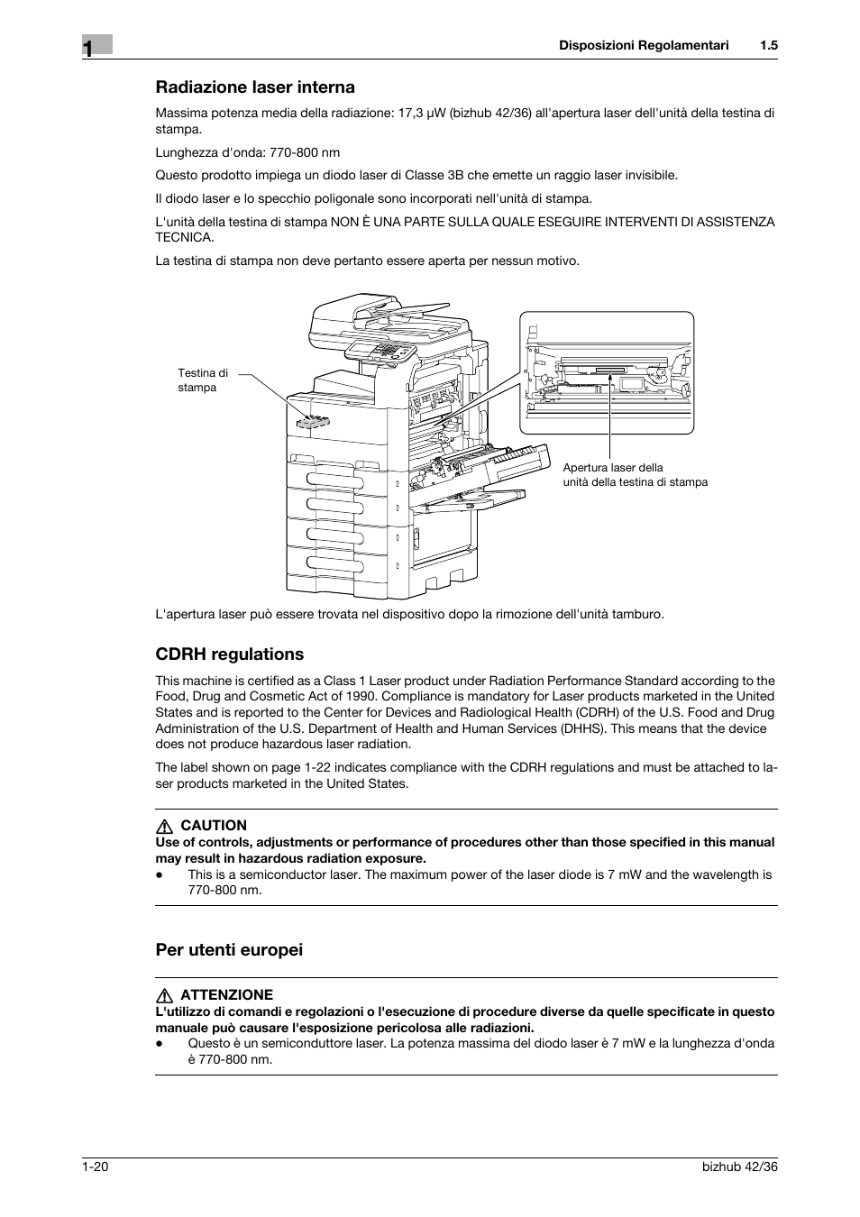 Radiazione laser interna, Cdrh regulations, Per utenti europei | Konica Minolta bizhub 36 User Manual | Page 26 / 186