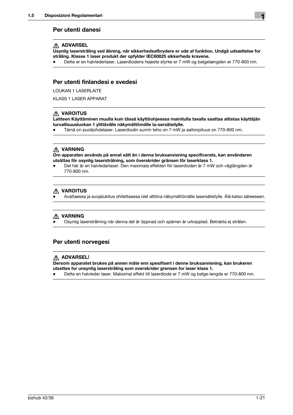 Per utenti danesi, Per utenti finlandesi e svedesi, Per utenti norvegesi | Konica Minolta bizhub 36 User Manual | Page 27 / 186