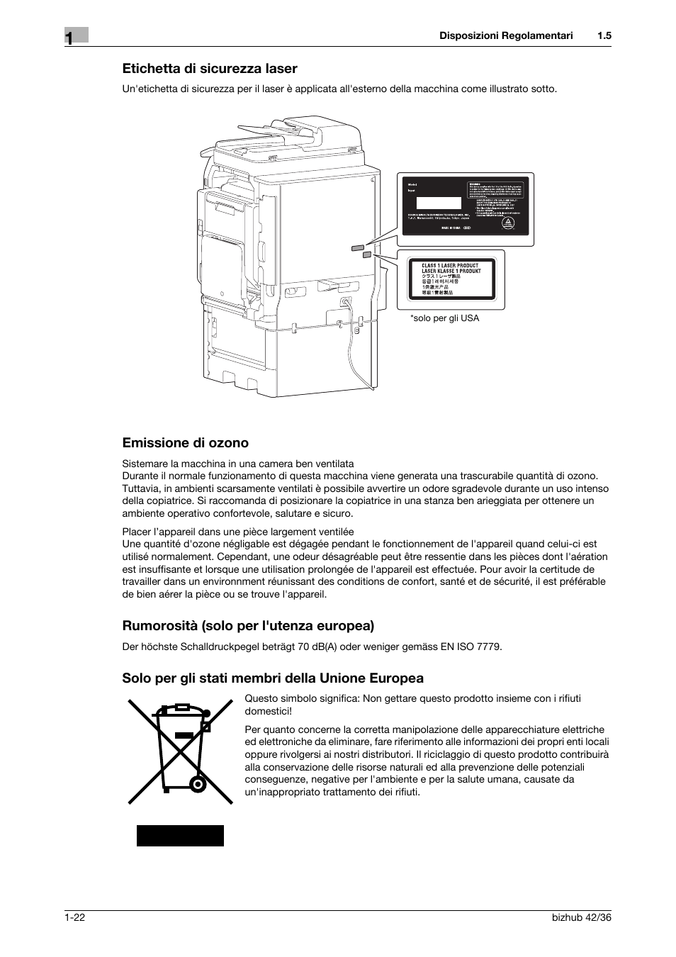 Etichetta di sicurezza laser, Emissione di ozono, Rumorosità (solo per l'utenza europea) | Solo per gli stati membri della unione europea | Konica Minolta bizhub 36 User Manual | Page 28 / 186