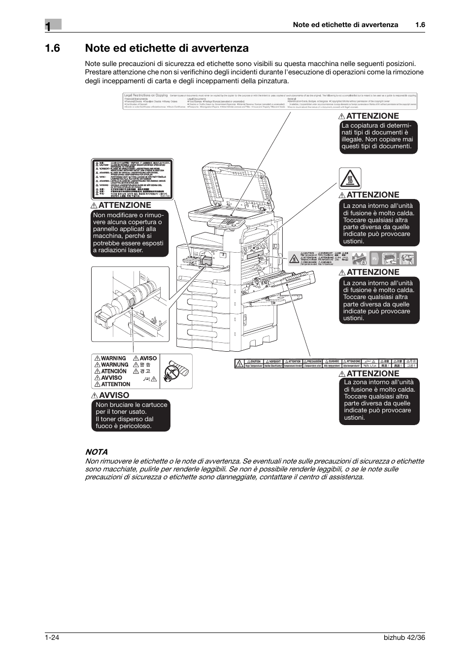 6 note ed etichette di avvertenza, Note ed etichette di avvertenza -24 | Konica Minolta bizhub 36 User Manual | Page 30 / 186