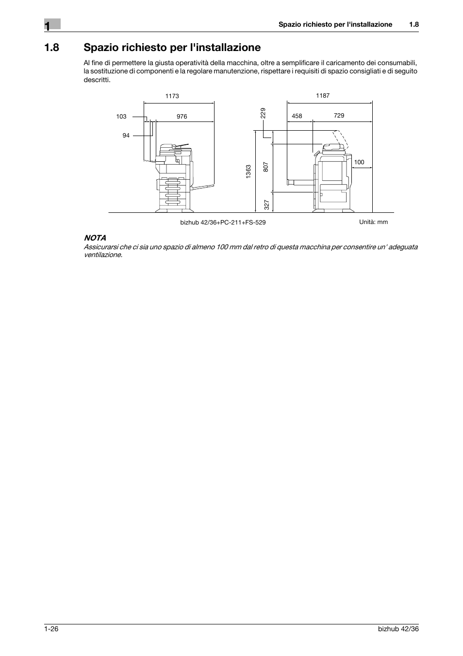 8 spazio richiesto per l'installazione, Spazio richiesto per l'installazione -26 | Konica Minolta bizhub 36 User Manual | Page 32 / 186