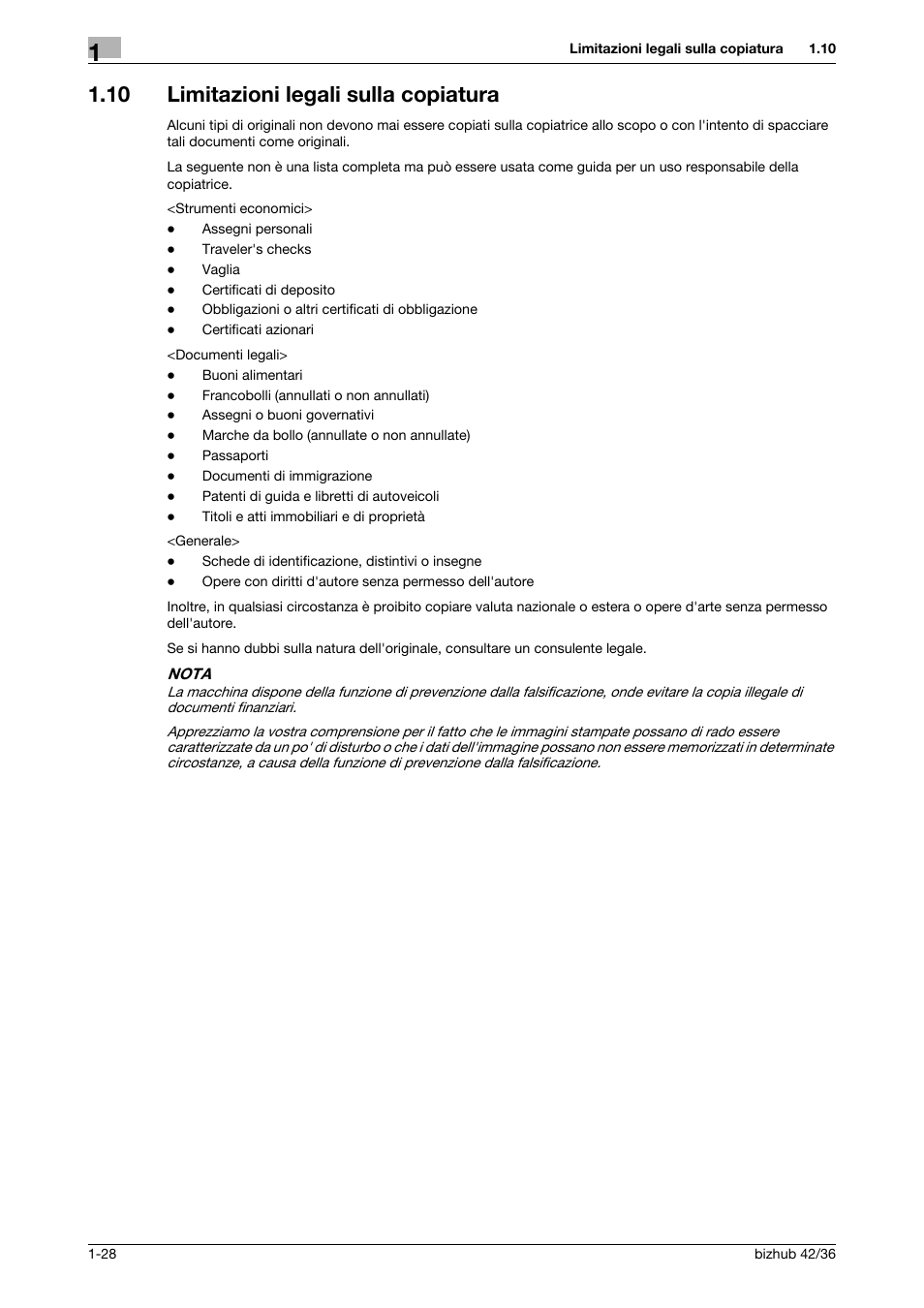 10 limitazioni legali sulla copiatura, Limitazioni legali sulla copiatura -28 | Konica Minolta bizhub 36 User Manual | Page 34 / 186