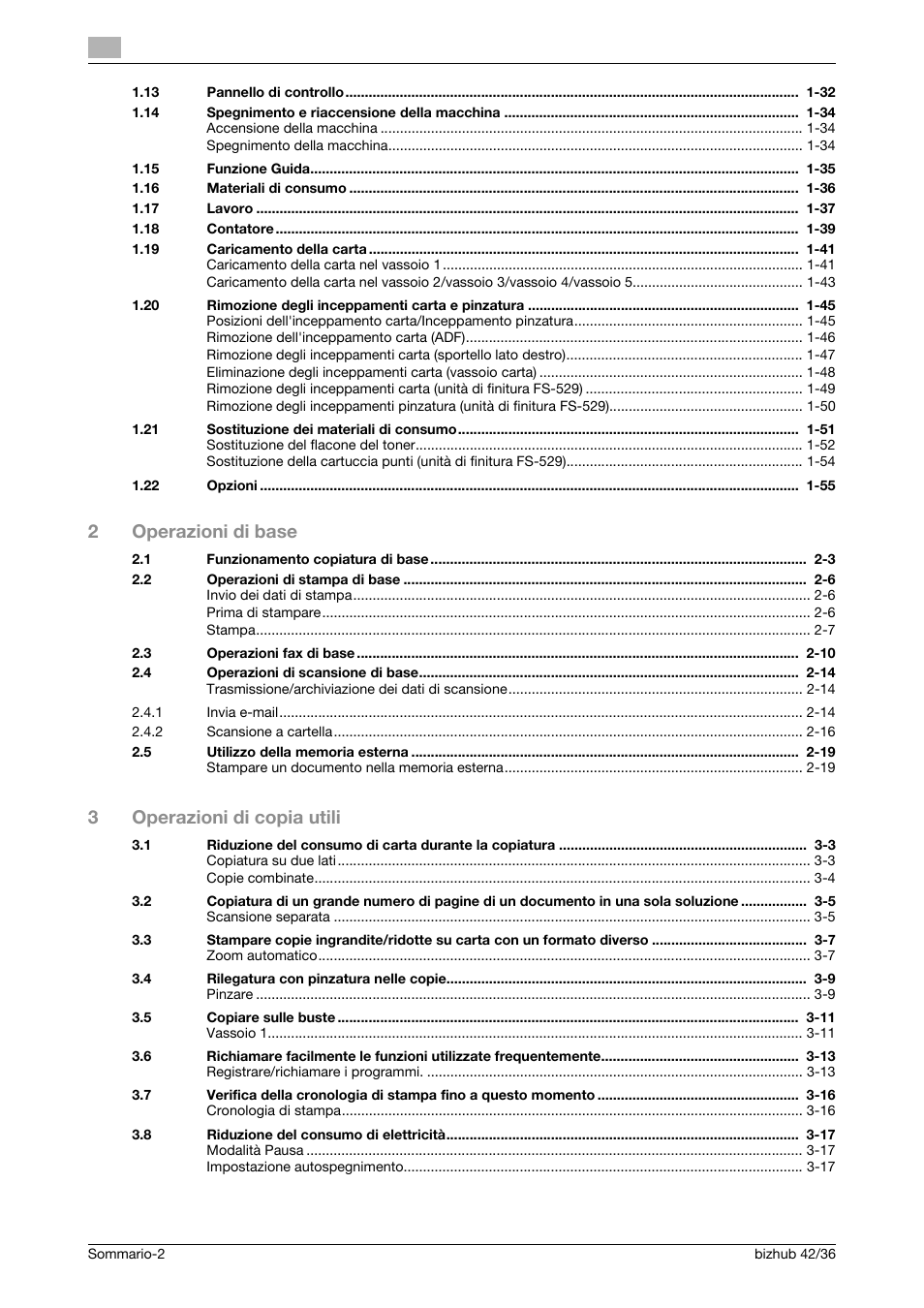 2operazioni di base, 3operazioni di copia utili | Konica Minolta bizhub 36 User Manual | Page 4 / 186