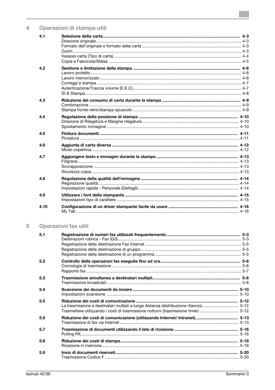 4operazioni di stampa utili, 5operazioni fax utili | Konica Minolta bizhub 36 User Manual | Page 5 / 186