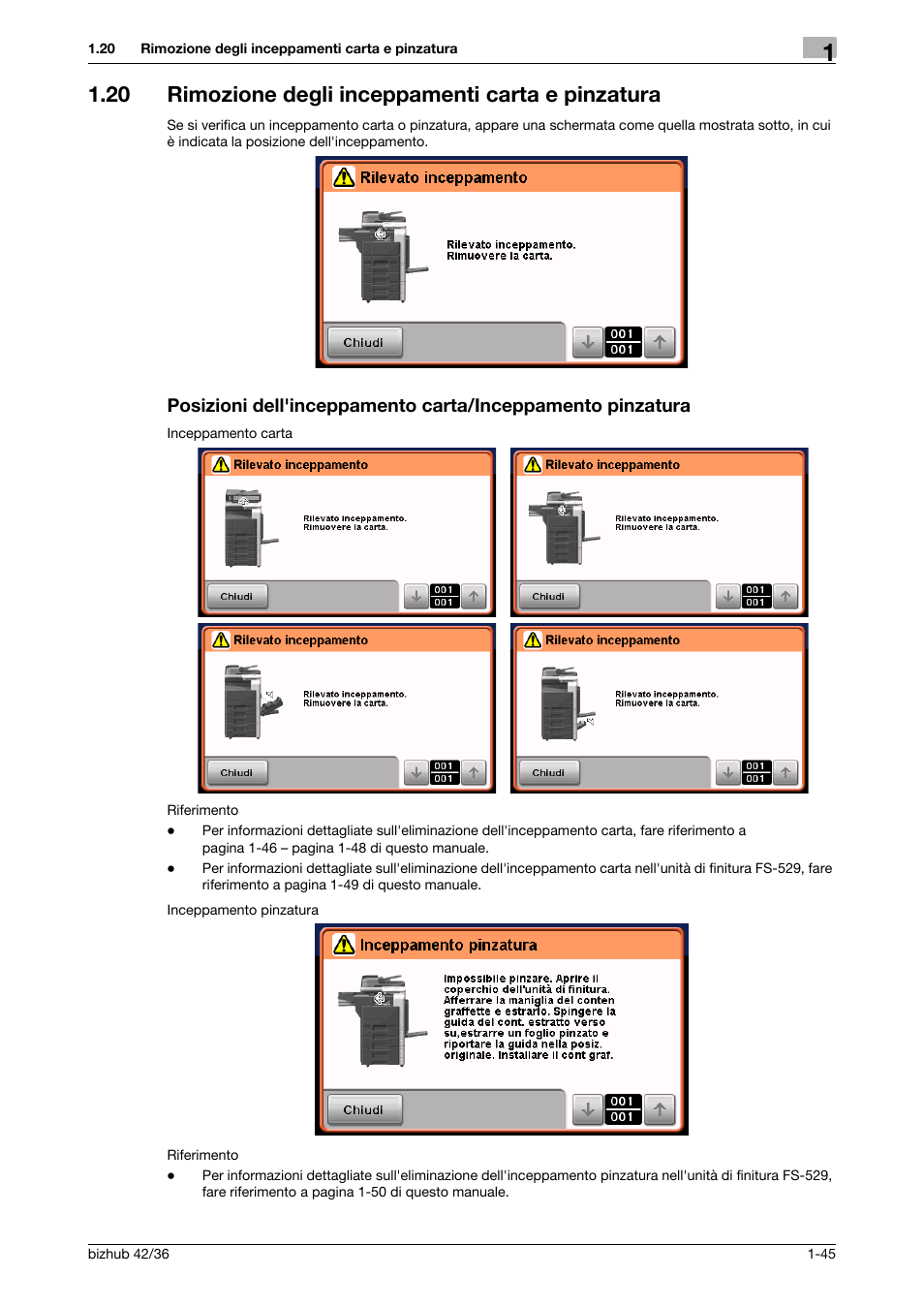 20 rimozione degli inceppamenti carta e pinzatura | Konica Minolta bizhub 36 User Manual | Page 51 / 186