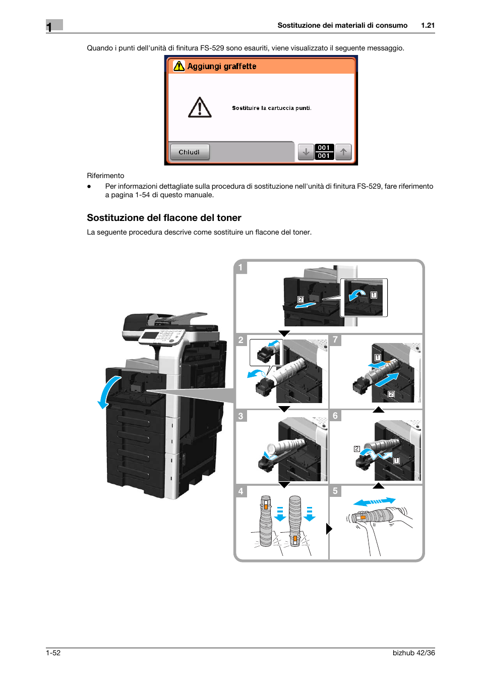 Sostituzione del flacone del toner, Sostituzione del flacone del toner -52 | Konica Minolta bizhub 36 User Manual | Page 58 / 186