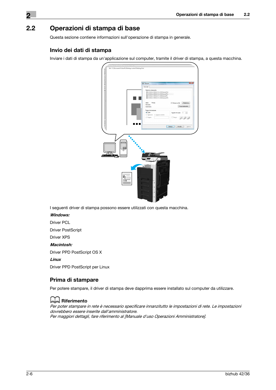 2 operazioni di stampa di base, Invio dei dati di stampa, Prima di stampare | Konica Minolta bizhub 36 User Manual | Page 68 / 186