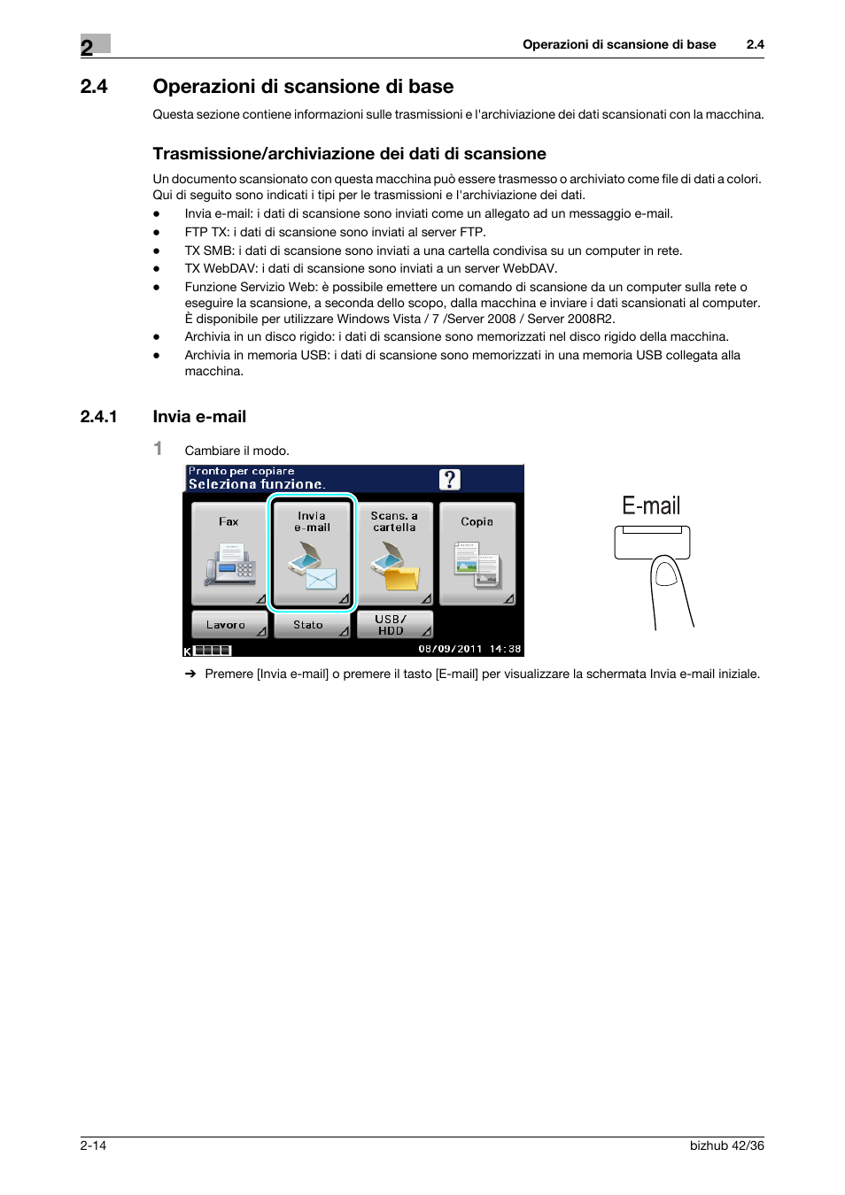 4 operazioni di scansione di base, Trasmissione/archiviazione dei dati di scansione, 1 invia e-mail | Invia e-mail -14 | Konica Minolta bizhub 36 User Manual | Page 76 / 186