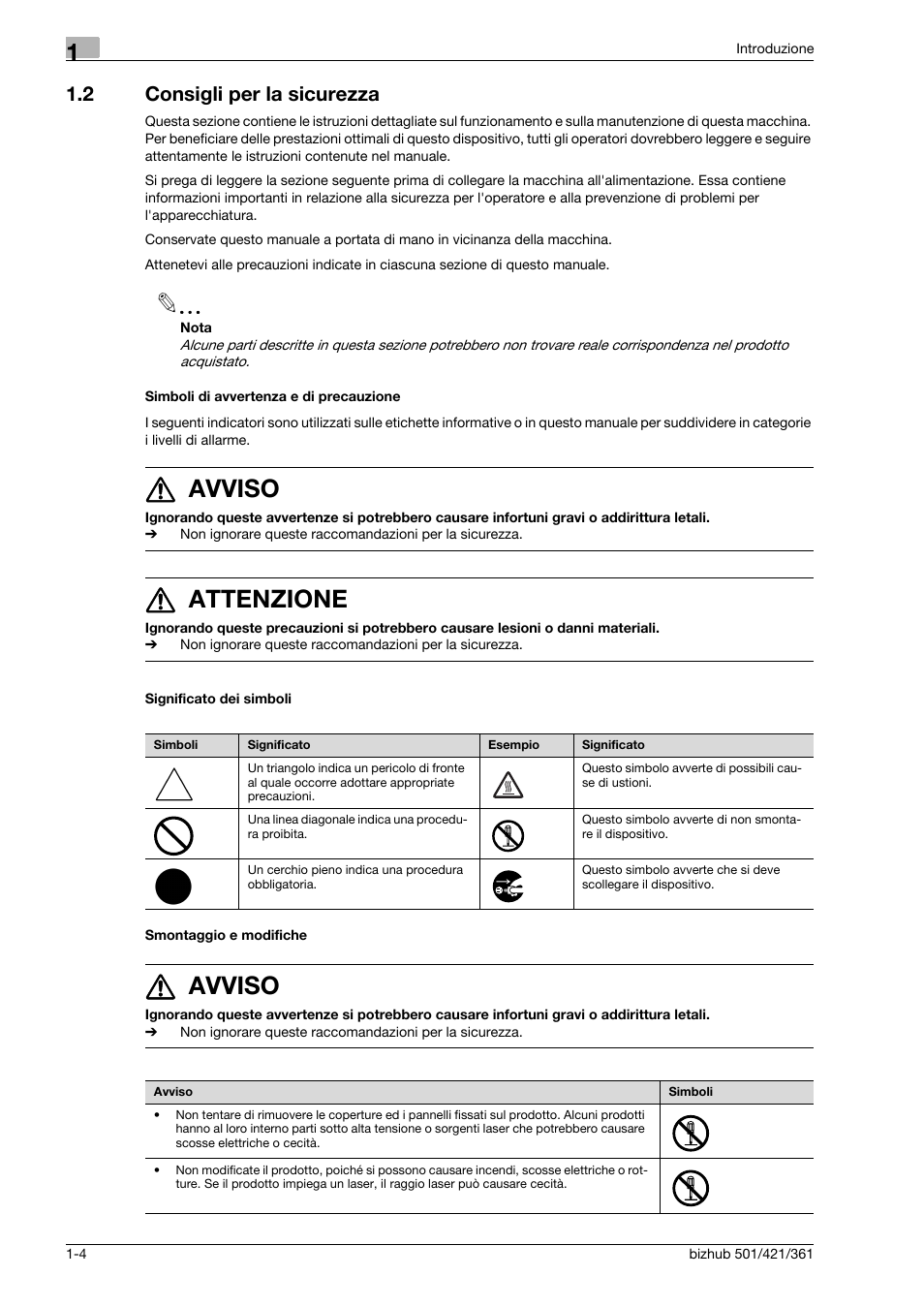 2 consigli per la sicurezza, Simboli di avvertenza e di precauzione, Significato dei simboli | Smontaggio e modifiche, Consigli per la sicurezza -4, 7 avviso, 7 attenzione | Konica Minolta bizhub 421 User Manual | Page 10 / 264