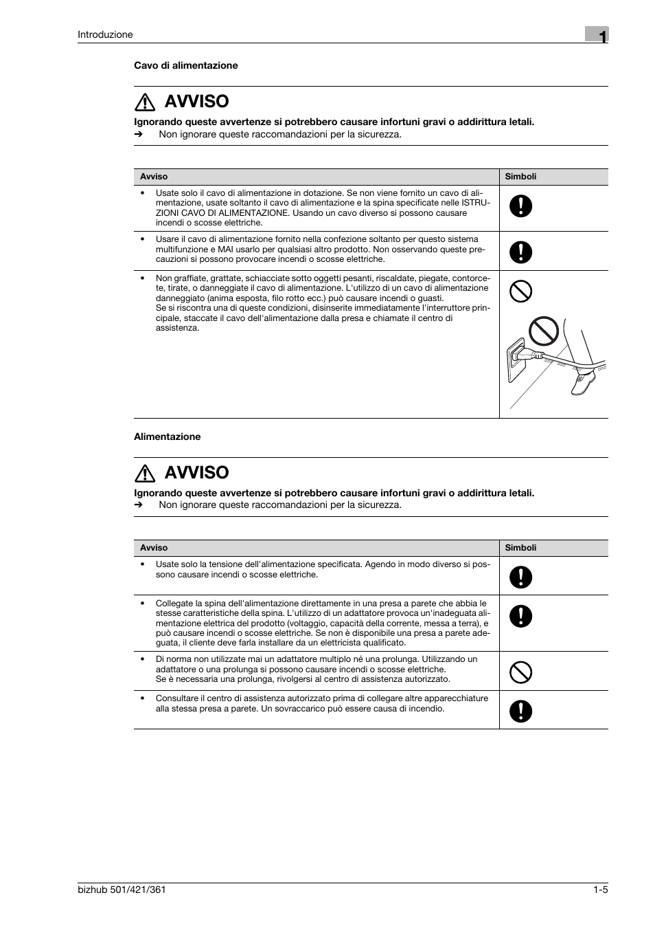 Cavo di alimentazione, Alimentazione, 7 avviso | Konica Minolta bizhub 421 User Manual | Page 11 / 264